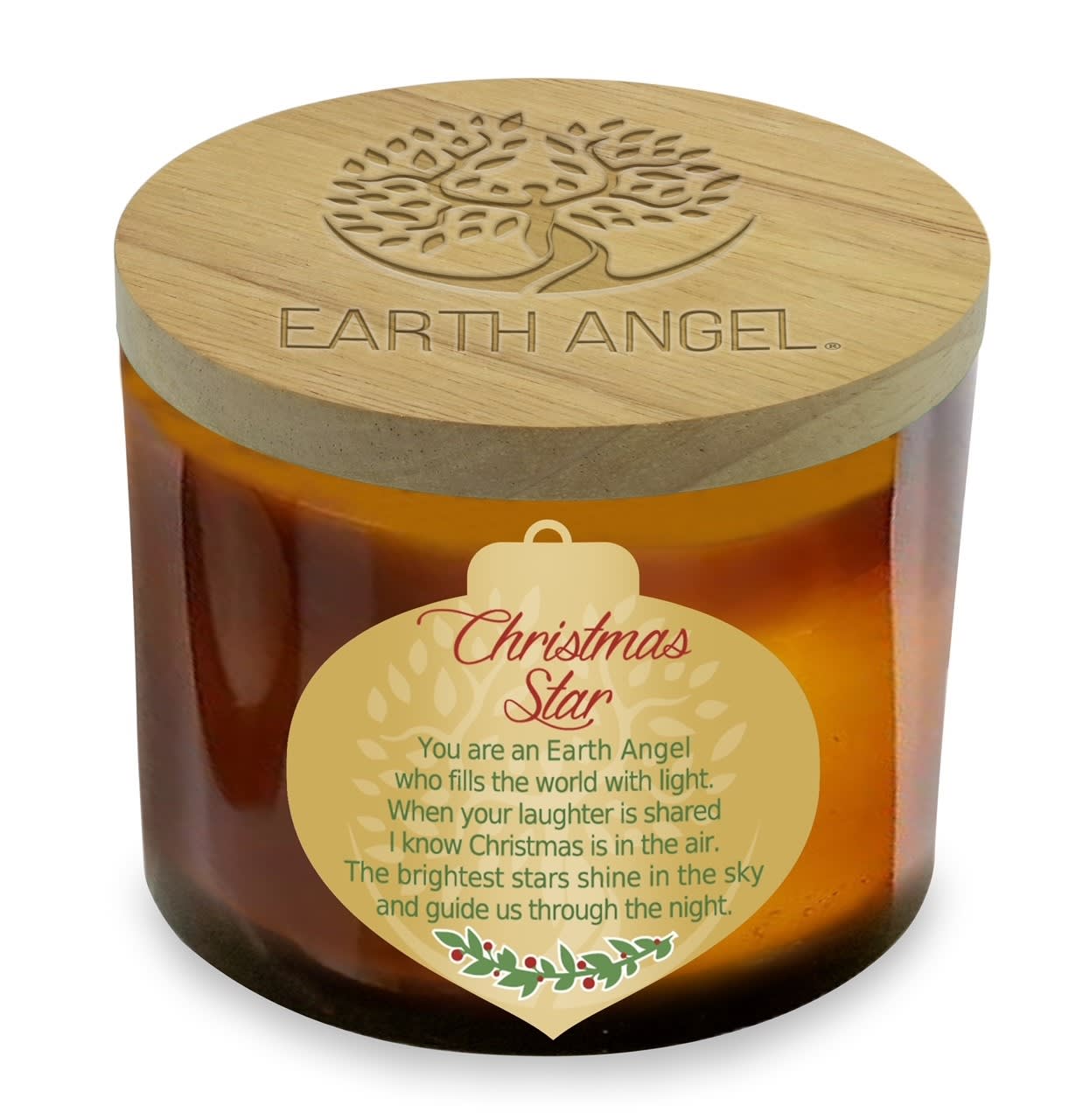Christmas Star Candle by Earth Angel  - This 12 Ounce 2 wick lead free candle made with natural soy. Measures 4 3/8"Wide and 3 1/4" High crafted with a wood embossed lid. Clean burning and soot free with a pleasant Christmas Cookie fragrance. Will burn for over 35 hours. Christmas Star-You are an Earth Angel who fills the world with light. When your laughter is shared I know Christmas is in the air. The brightest stars shine in the sky and guide us through the night.