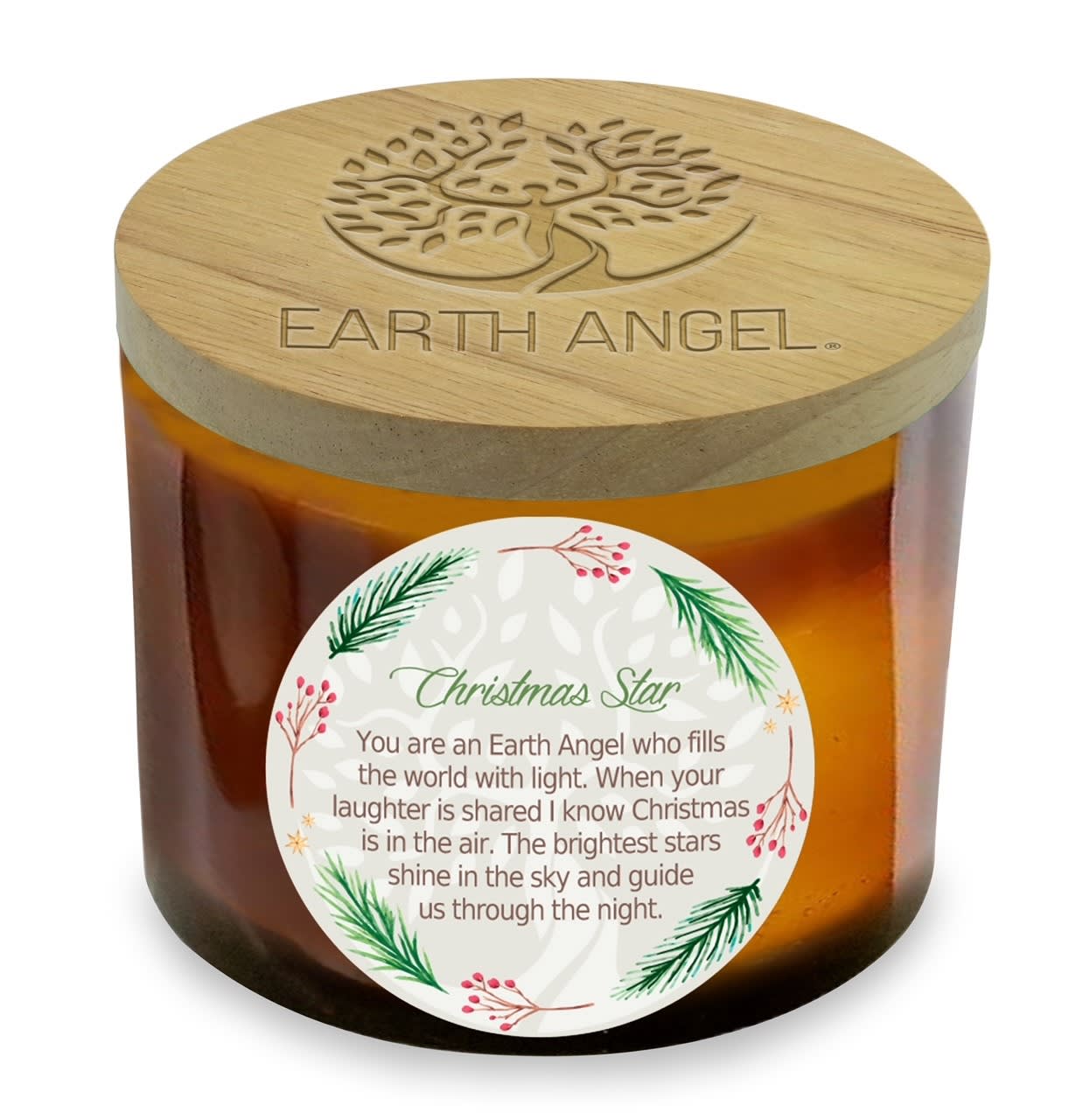 Christmas Star Wreath Candle by Earth Angel - This 12 Ounce 2 wick lead free candle made with natural soy. Measures 4 3/8"Wide and 3 1/4" High crafted with a wood embossed lid. Clean burning and soot free with a pleasant Christmas Cookie fragrance. Will burn for over 35 hours. Christmas Star-You are an Earth Angel who fills the world with light. When your laughter is shared I know Christmas is in the air. The brightest stars shine in the sky and guide us through the night.