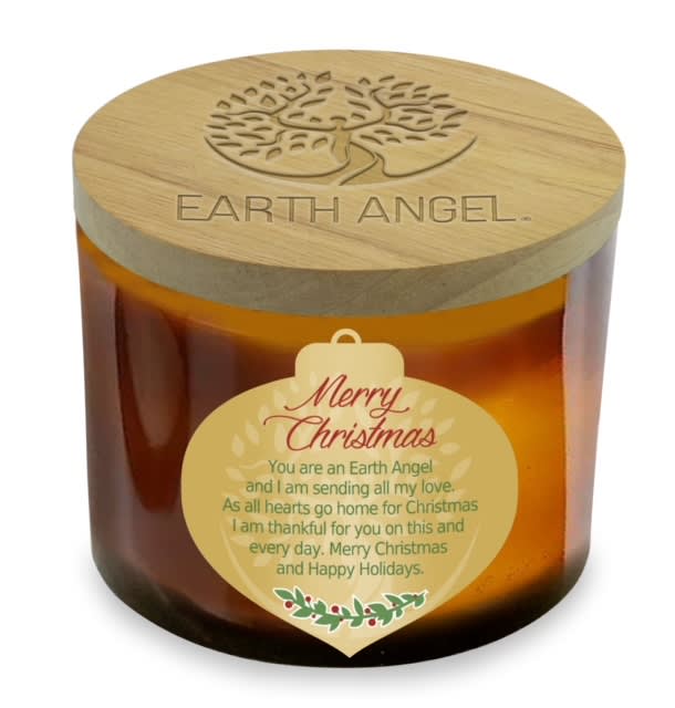 Merry Christmas Ornament Candle by Earth Angel - This 12 Ounce 2 wick lead free candle made with natural soy. Measures 4 3/8"Wide and 3 1/4" High crafted with a wood embossed lid. Clean burning and soot free with a pleasant Christmas Cookie fragrance. Will burn for over 35 hours. Merry Christmas- You are an Earth Angel and I am sending all my love. As all hearts go home for Christmas I am thankful for you on this and every day. Merry Christmas and Happy Holidays.