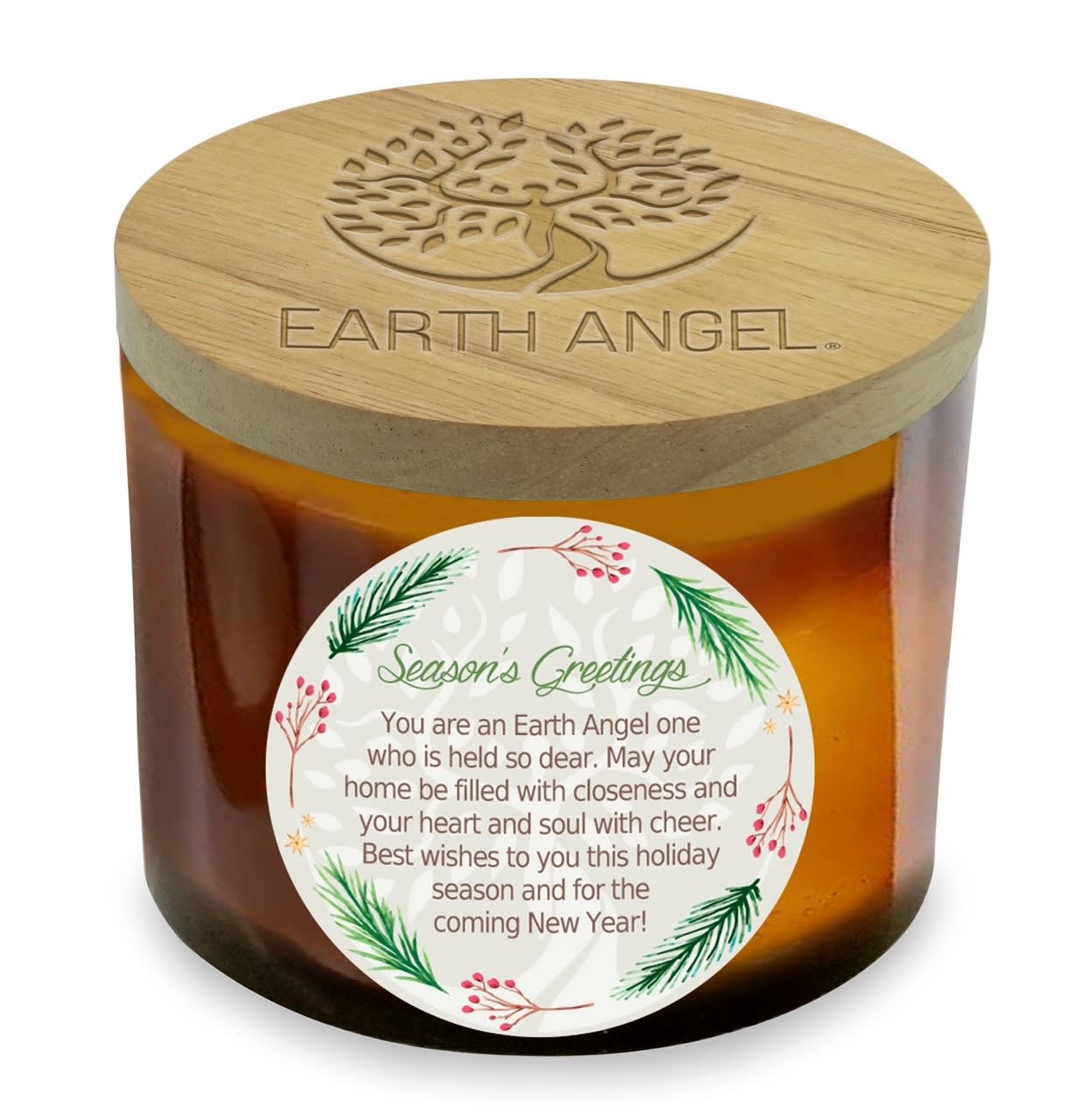 Season's Greetings Wreath Candle by Earth Angel - This 12 Ounce 2 wick lead free candle made with natural soy. Measures 4 3/8"Wide and 3 1/4" High crafted with a wood embossed lid. Clean burning and soot free with a pleasant Christmas Cookie fragrance. Will burn for over 35 hours. Season's Greetings- You are an Earth Angel one who is held so dear. May your home be filled with closeness and your heart and soul with cheer. Best wishes to you this holiday season and for the coming New Year!