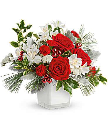 Teleflora's Festive Elegance Bouquet - Teleflora's Festive Elegance Bouquet shines with classic red roses, wintery white blooms, and lush holiday greens in a modern white cube. A sophisticated gift or Christmas centerpiece full of seasonal cheer.