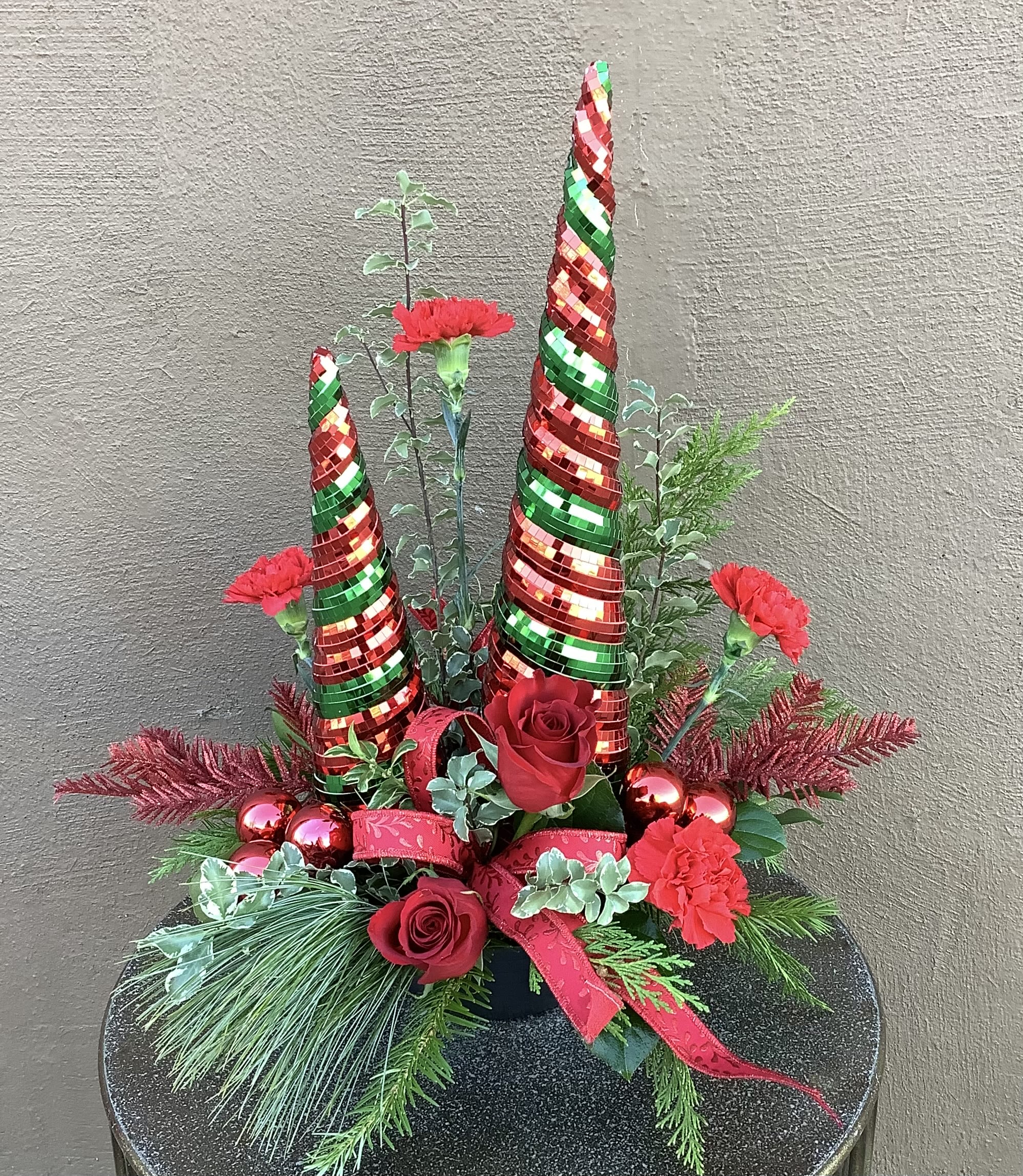 Merry Christmas - Striped trees with red roses, red carnations, and other Christmas jazz!