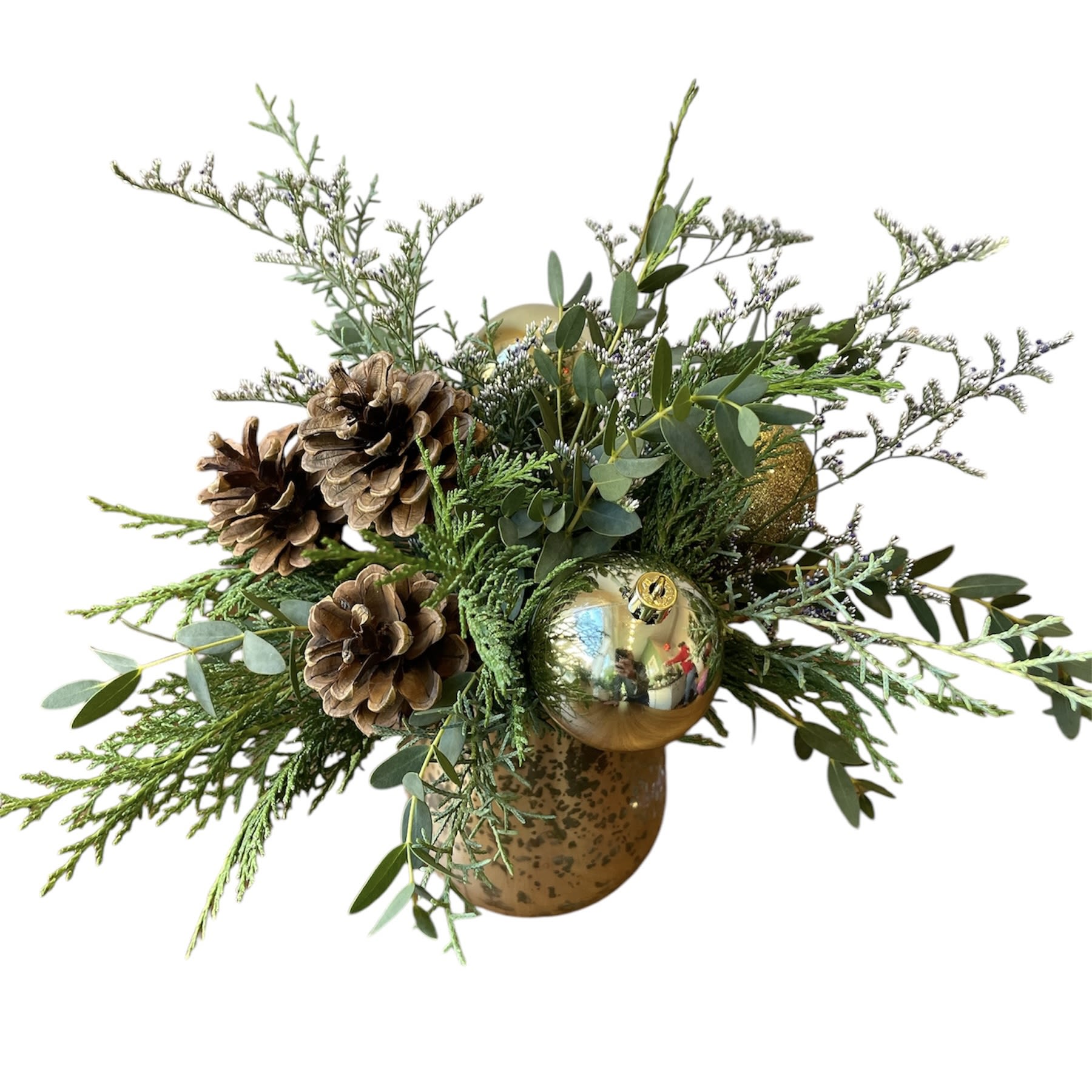 Christmas Cheers  - Christmas greens and gold holiday decor designed in a short gold vase as shown in photo. 