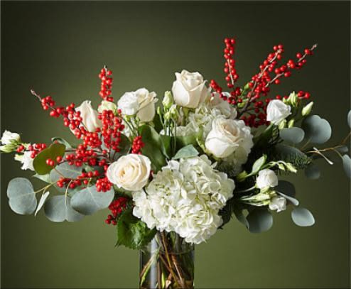 Winter Forest Bouquet (BR) - String boughs of holly throughout your home with our Winter Forest Bouquet. Anticipate dynamic movement with a diverse gathering of white roses, hydrangea, lisianthus, crimson ilex berries and wooded greenery for a dazzling holiday. 