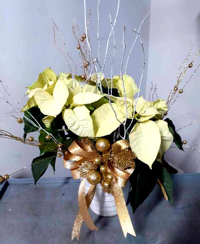 White Xmas - 6&quot; white pointsettia xmas decorated in white ceramic pot