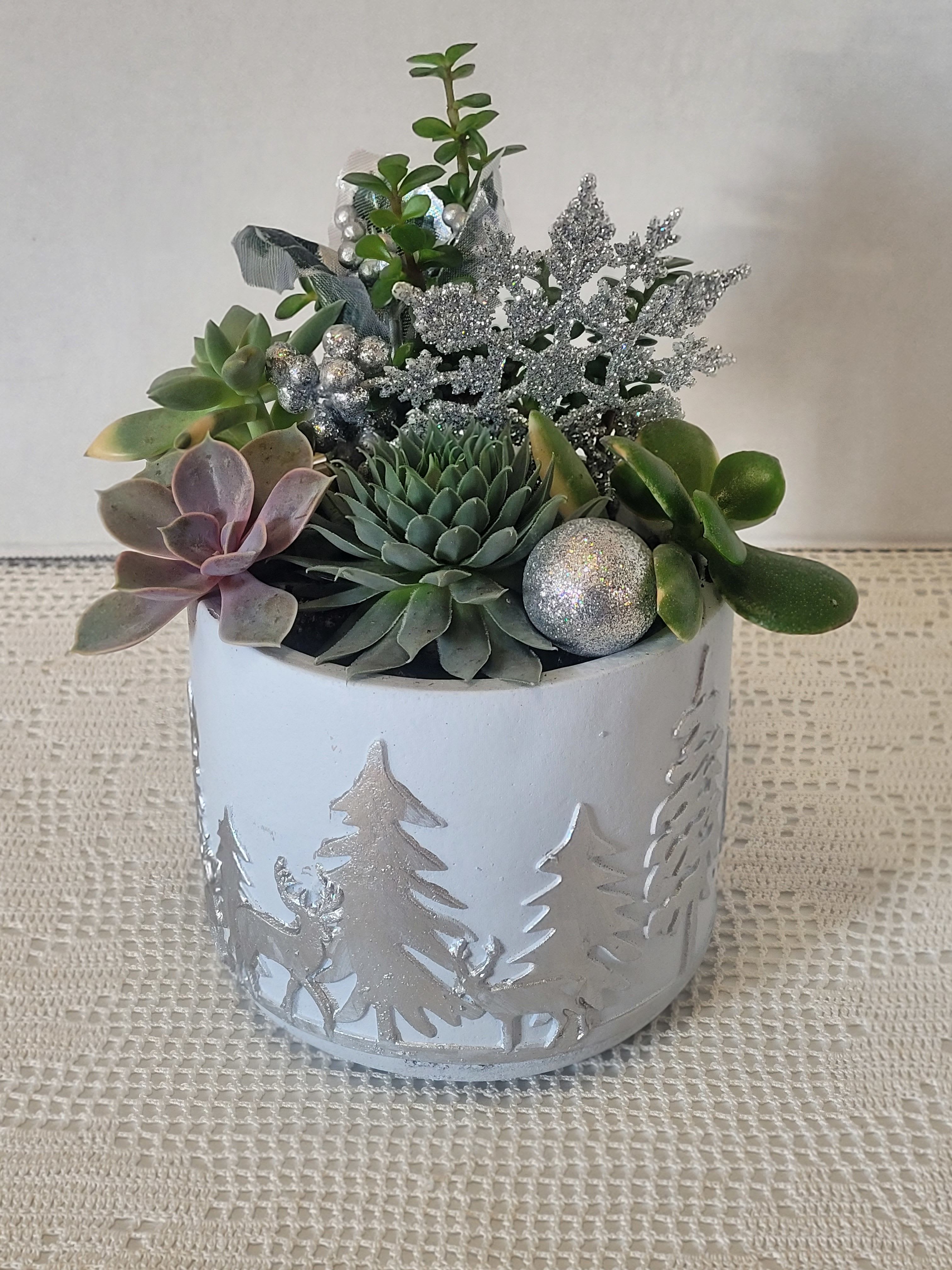 Silver Reindeer Container  - A festive container planted with succulents and faux holiday embellishments. Looks great as an accent on a side table.