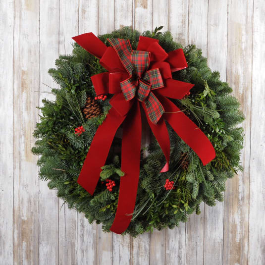 Wreath Holiday Grandeur  - Deck the halls &amp; trim the doors with this fresh evergreen wreath decorated with red velvet &amp; plaid ribbon, pine cones and berries.