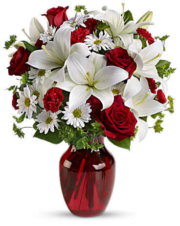 Be My Love Bouquet with Red Roses - Red roses, white asiatic lilies, white daisy spray chrysanthemums, mini red carnations and springs of bupleurum and salal are presented in a graceful red glass vase.
