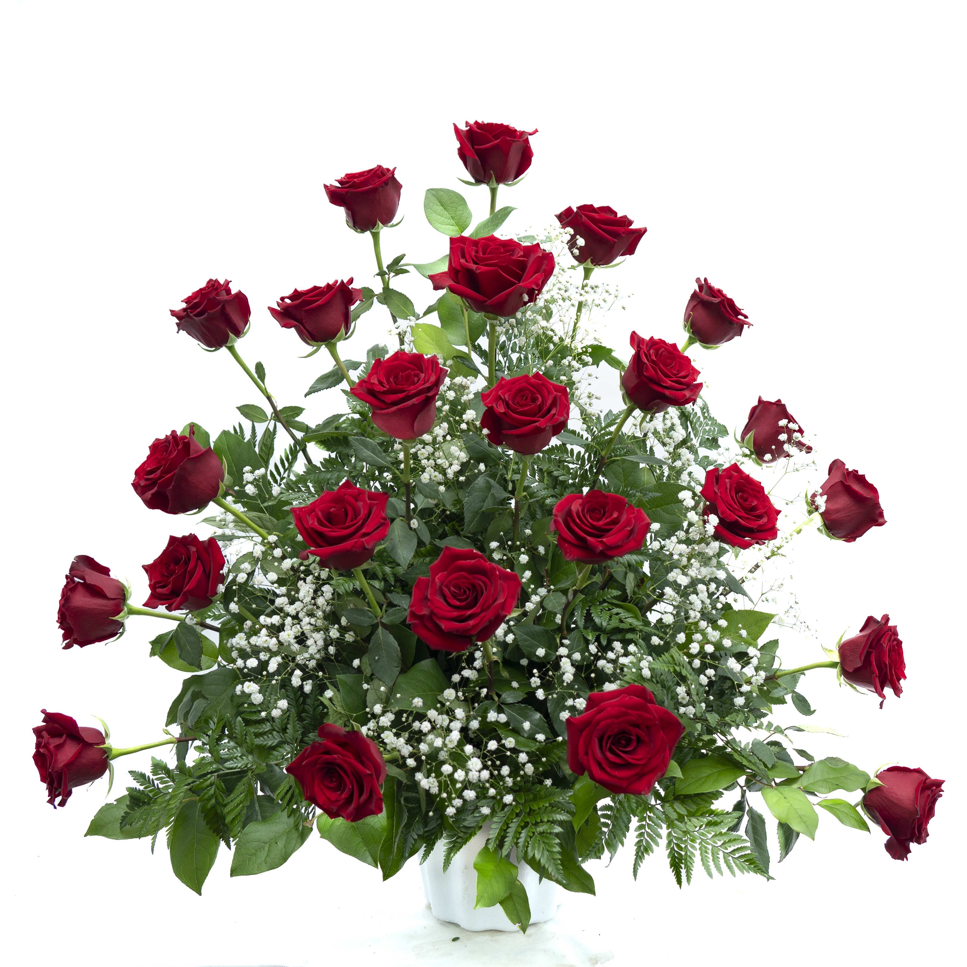 24 Red Rose Mache - This elegant funeral mache features 24 stunning red roses, symbolizing deep love and respect, surrounded by delicate baby's breath for a touch of purity and innocence. This classic combination creates a heartfelt tribute, offering comfort and honor to the memory of your loved one. Perfectly arranged in a traditional mache container, this floral arrangement conveys your deepest condolences and stands as a beautiful reminder of a life well-lived.  