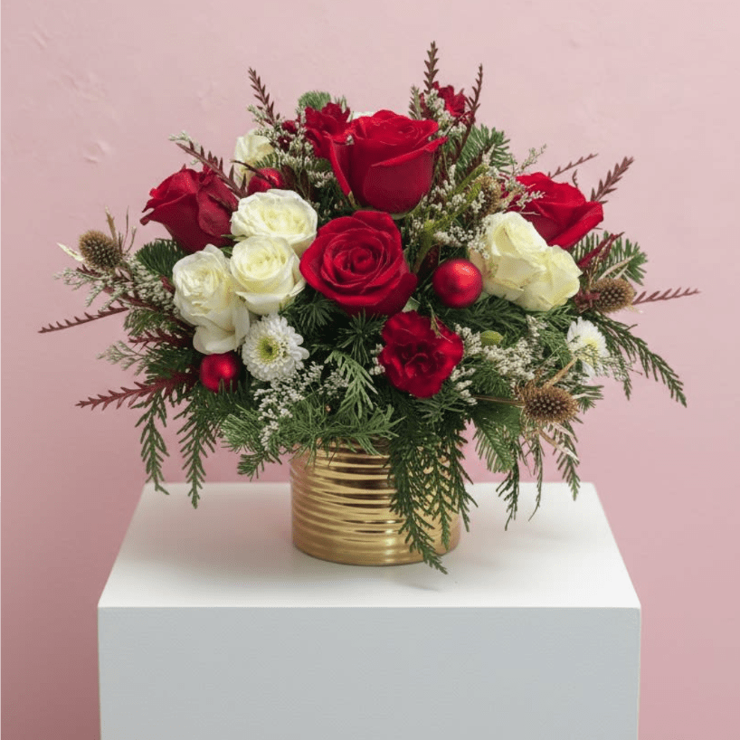 Holiday Classic - A cozy mix of red and white roses, winter greens, and little festive touches all arranged in a gold tin vase. It’s the perfect holiday piece to brighten up a table, desk, or gift to someone you love.