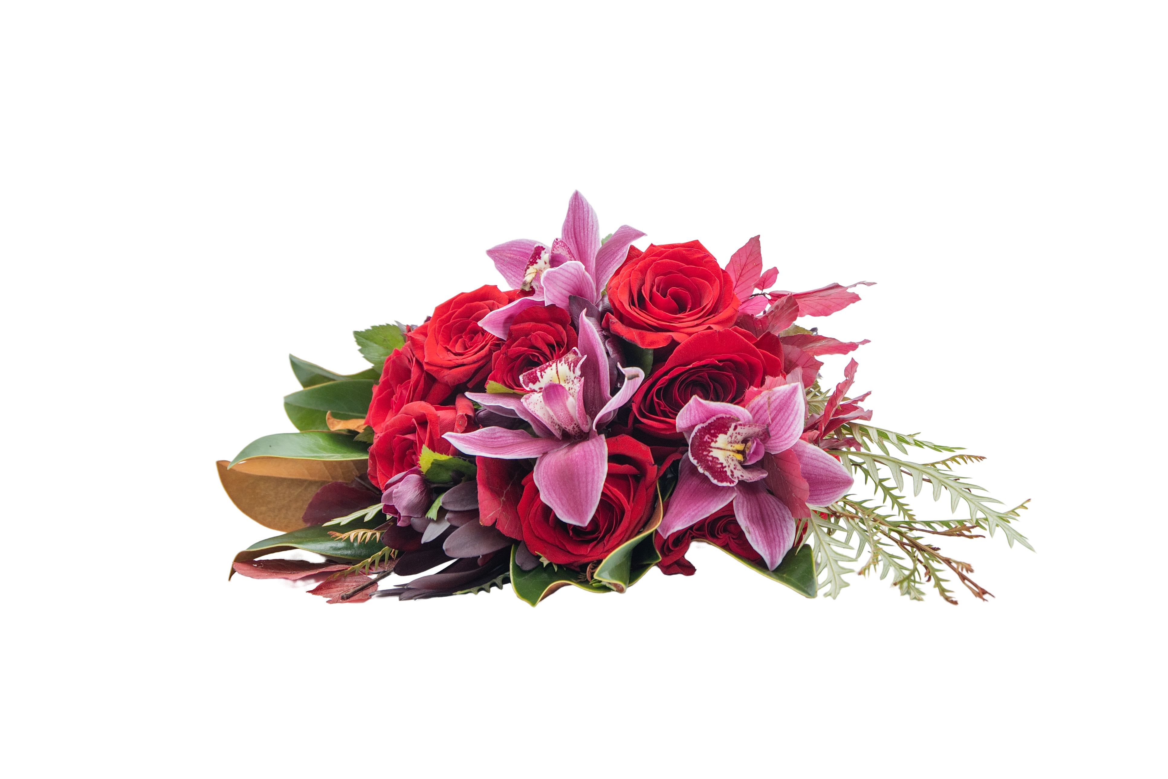 Vivienne Bouquet (V Signature™) - Vivienne exclusively designed and sold by Velvet Stems™ is a striking hand-tied bouquet wrapped to perfection. Lush red roses mingle with exotic orchids and rich seasonal foliage, creating a design that exudes romance, strength, and timeless elegance. This bouquet is a bold expression of love and sophistication, crafted for unforgettable moments.