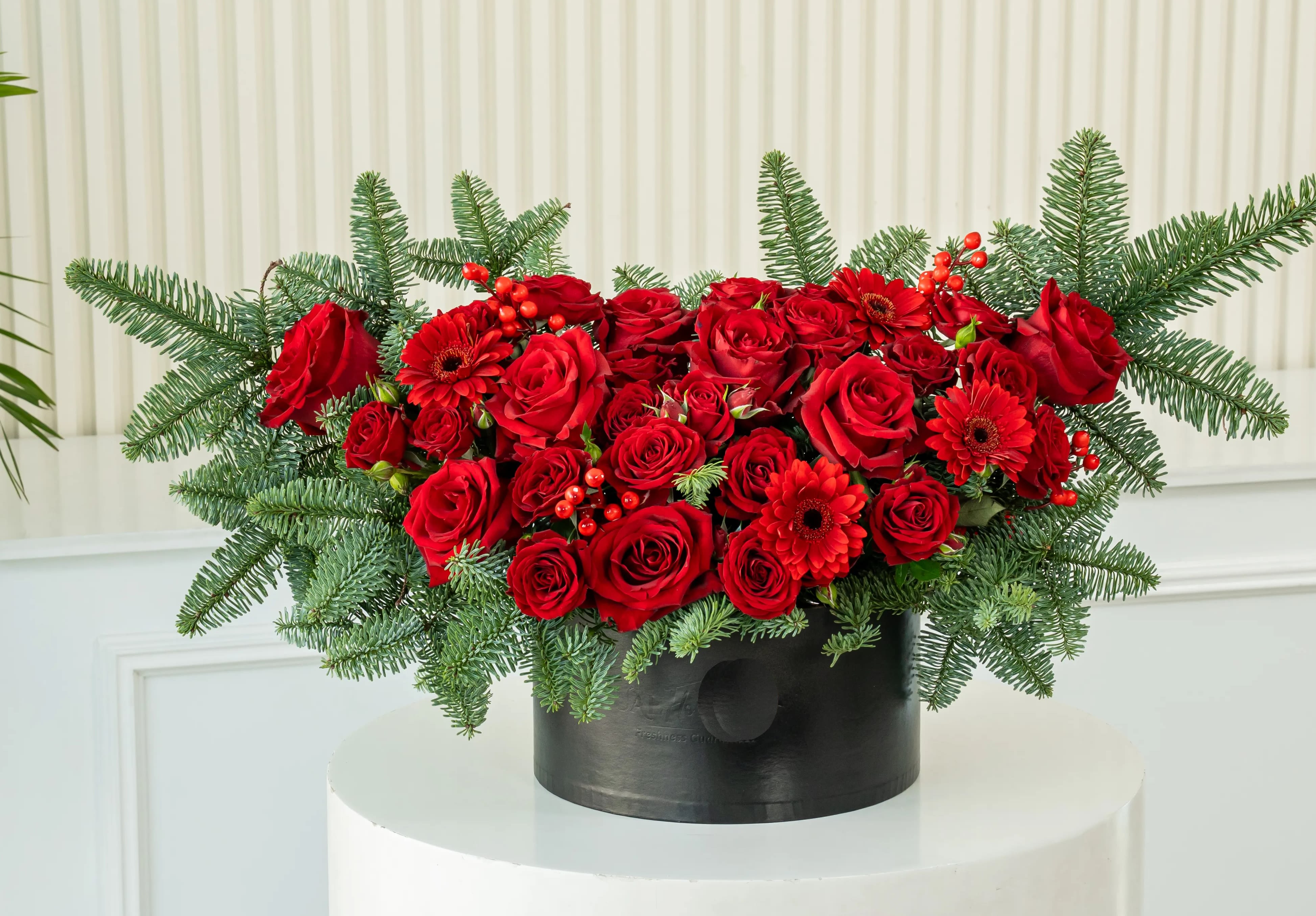 Festive Garden Box  - A striking celebration of festive red and winter greens, Festive Garden Box is designed to make an instant statement this Christmas. Featuring lush red roses and seasonal florals nestled into fresh pine foliage, this luxurious arrangement is presented in a sleek black signature box for a bold, modern finish. Perfect for home décor, holiday gifting, and corporate celebrations.