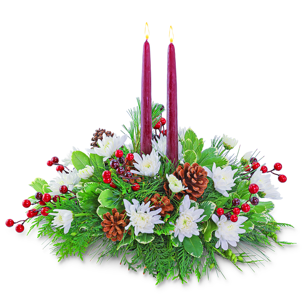 Christmas Carol Centerpiece - The Christmas Carol Centerpiece features Mums, berries, pinecones, candles, assorted Evergreen, and other premium foliage. A bundle of complementary holiday colors and textures, it's decked out with festive trimmings in beautiful reds, whites, and greens. This festive centerpiece is designed to set the tone for any holiday gathering.