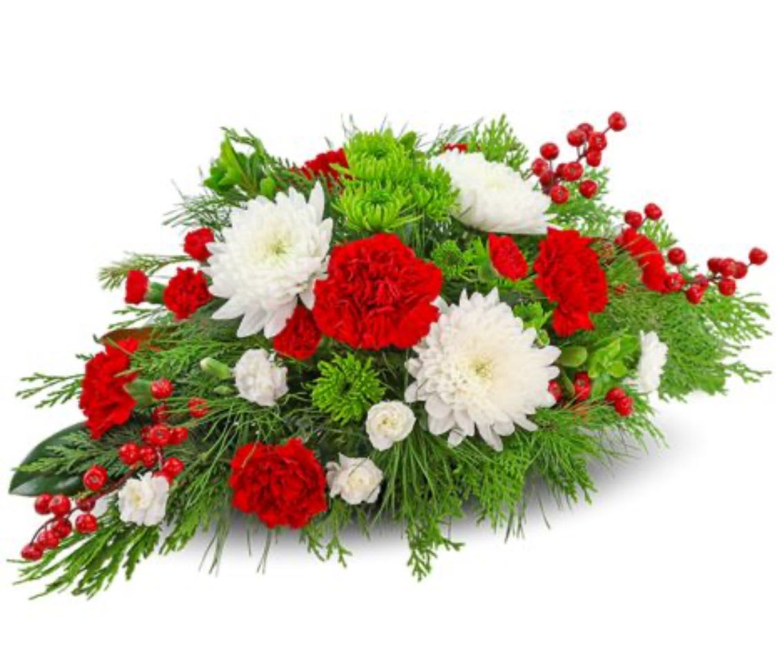 Centerpiece - Classic Design - Embrace the spirit of the season with our delightful  Centerpiece. It features a festive mix of Carnations, Cremons, Spray Mums, Berries, and premium winter foliage, creating a vibrant holiday table centerpiece. Whether you send it to the gracious host of the holidays or display it as a thoughtful centerpiece when you can't be there, this exquisite arrangement spreads happiness and festivity throughout the home.