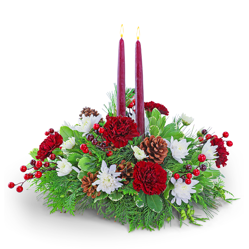 Carol of the Bells Centerpiece - The Carol of the Bells Centerpiece features Carnations, Mums, berries, pinecones, candles, assorted Evergreen, and other premium foliage. A bundle of complementary holiday colors and textures, it's decked out with festive trimmings in deep reds, whites, and greens. This festive centerpiece is designed to set the tone for any holiday gathering.