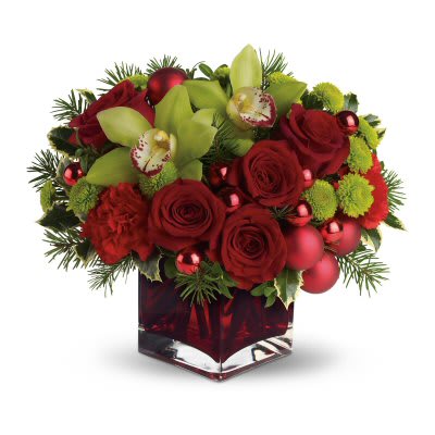 Orchid christmas By Kokee - green orchid, red roses, shining balls ,a red vase what else can you ask?