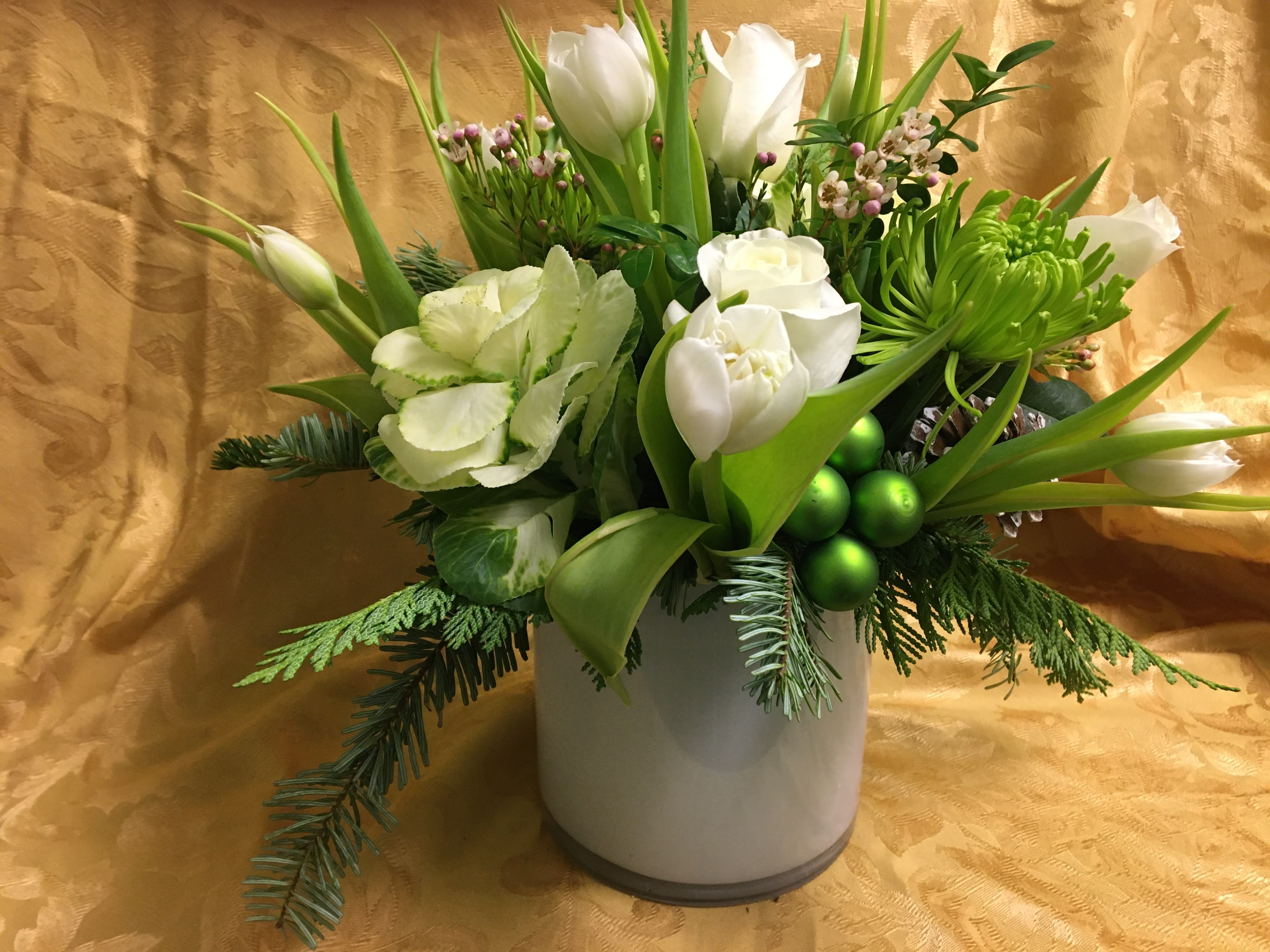 WINTER WHITE - A BEAUTIFUL WHITE &quot;6 CYLINDER WITH WHITE TULIPS,ROSES, CABBAGE AND WITH GREEN SPIDER MUMS . * PLEASE NOTE THIS IS A LOCAL DELIVERY ONLY*