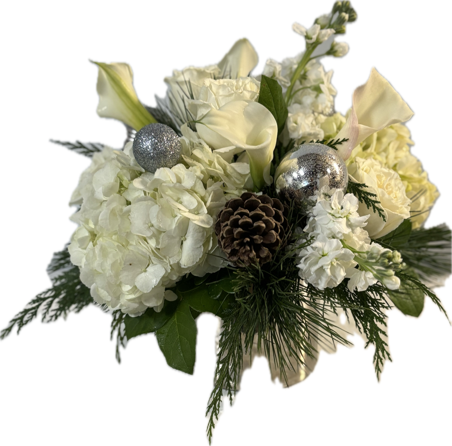 Silver Belle - White roses, calla lilies, stock, winter greens and glitz in a silver container