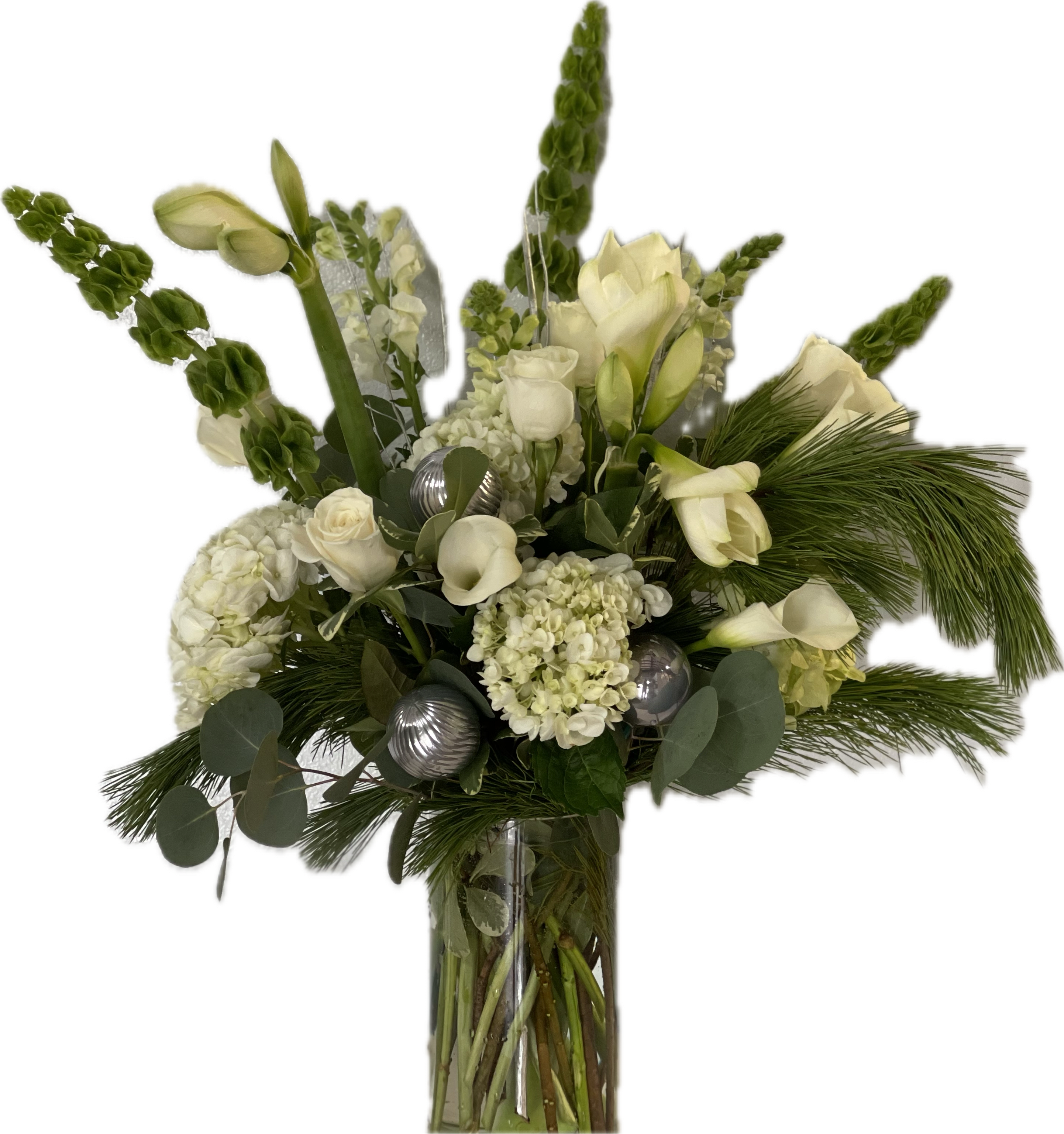 Cheers! - Stunning tall arrangement of amaryllis, calla lilies, hydrangea, roses, belles of Ireland and assorted winter greens with silver ornaments.....stunning