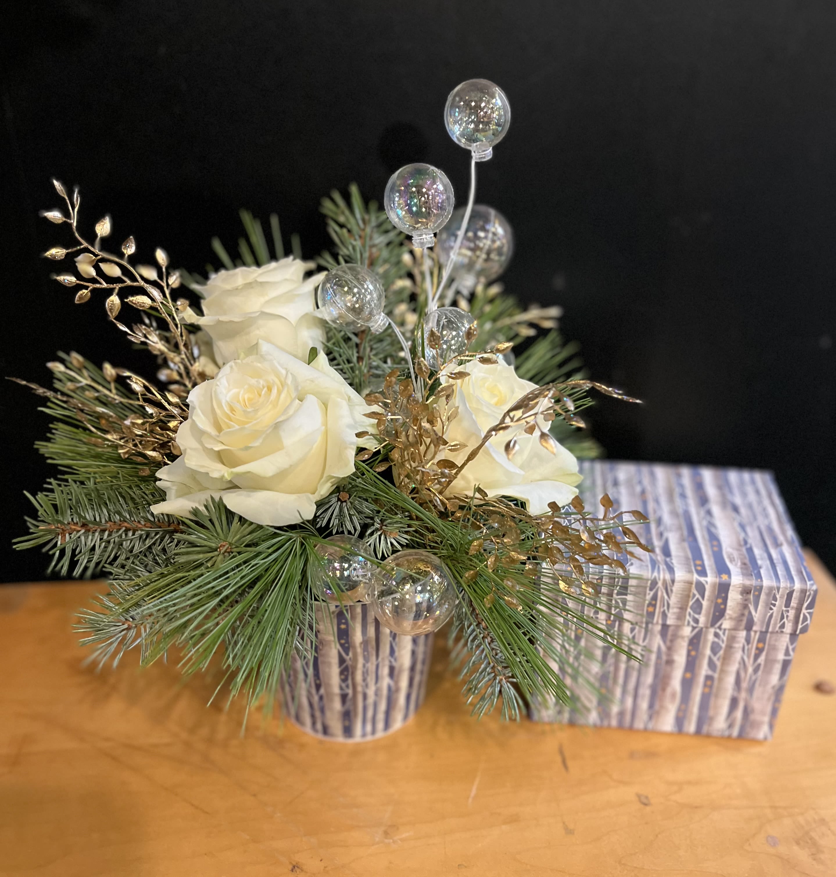 Birch trees at Midnight Mug - Bone china mug filled with festive florals