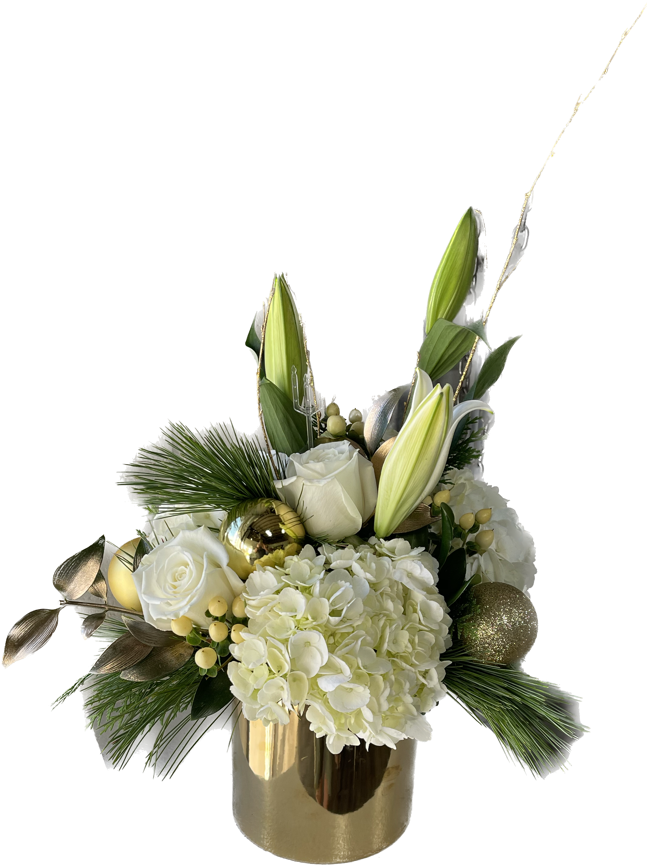 Glitzy Gold - White roses, hydrangeas, lilies, hypericum berries. winter greens and glitz