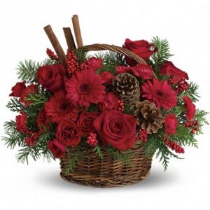 Berries and Spice Basket - Beautiful Basket Arrangement With Red Seasonal Florals and Cinnamon Accents. Flowers May Vary Based On Availability. 