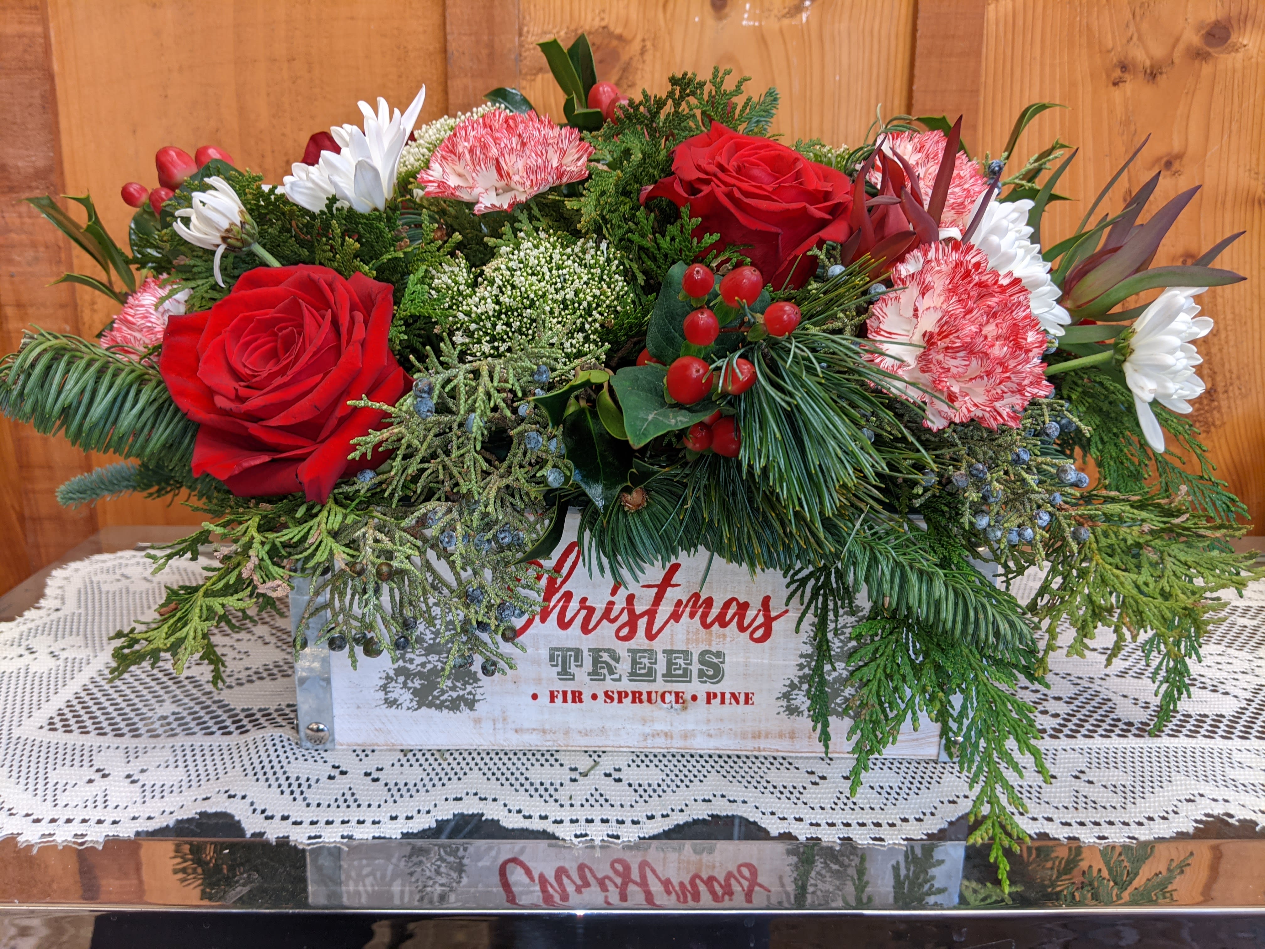 Christmas Time Is Here Centerpiece  - A Beautiful Large White Washed Box With A Christmas Scene. Seasonal Flowers and Greenery. 