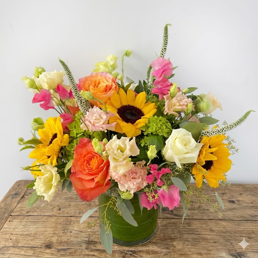 Summer Wonderland - Bursting with color and joy, the Sunshine Wonderland arrangement is a vibrant celebration of summer’s brightest blooms. Featuring golden sunflowers, coral and peach roses, creamy lisianthus, lime green hydrangea, and playful pops of pink snapdragons, this arrangement radiates warmth and happiness.  Expertly arranged in a fresh green glass vase, it’s the perfect pick-me-up for birthdays, celebrations, or simply brightening someone’s day.  Details: 	•	Premium seasonal mix: sunflowers, roses, lisianthus, snapdragons, hydrangea &amp; veronica 	•	Approximate size: 9-10” H x 10-11” W 	•	Designed in a reusable green glass cylinder vase 	•	Complimentary message card included  Care Instructions: Keep in a cool area, away from direct sunlight. Change water daily and trim stems every 2–3 days to extend freshness.