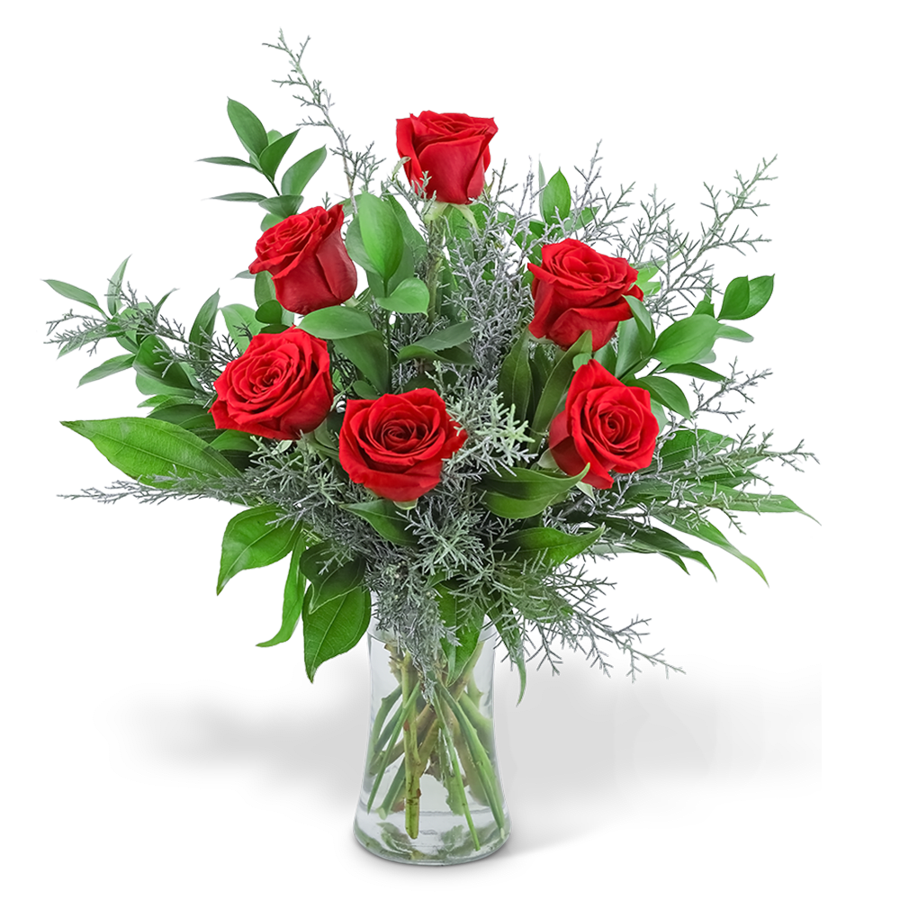 The Holiday Six - This red and green arrangement is the perfect holiday accent! The Holiday Six  contains six each of red roses, ruscus, cocculus, and lily grass surrounded by silver tinted evergreen. It will make a beautiful thank you or just because gift during the holiday season. 