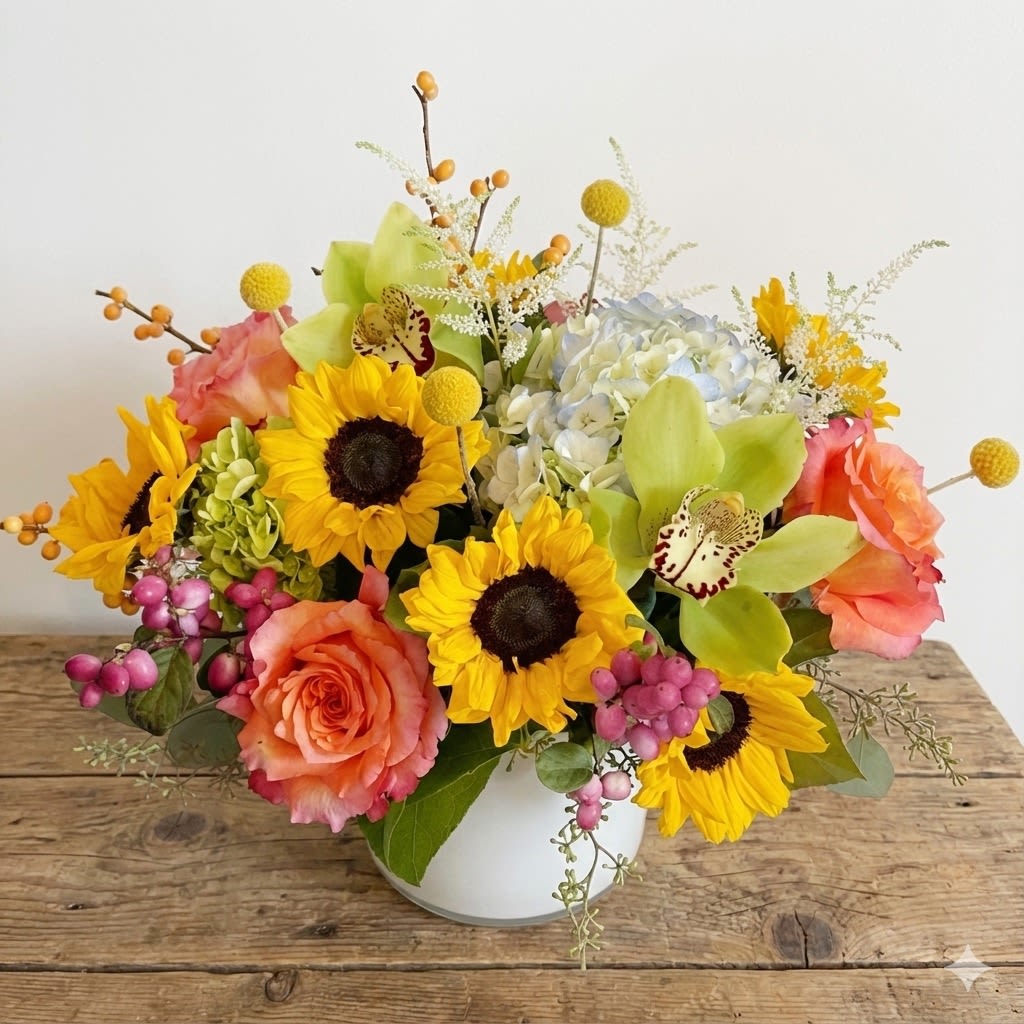 Summer Greetings - Send a radiant hello with our Summer Greetings arrangement — a joyful celebration of color and life. This lively design features bright golden sunflowers, lush coral roses, soft blue hydrangeas, exotic green cymbidium orchids, cheerful billy balls, and playful pink hypericum berries. Every stem is thoughtfully arranged in a sleek white ceramic vase to bring a modern yet sunny touch to any room.  Perfect for birthdays, thank-yous, or simply to brighten someone’s day with a vibrant splash of spring energy.  Details: 	•	Premium seasonal blooms: sunflowers, roses, hydrangea, orchids, billy balls &amp; berries 	•	Arranged in a white ceramic vase (included) 	•	Approximate size: 10-11” wide 	•	Includes a complimentary gift message card  Care Tips: Place in cool location, away from direct sunlight. Refresh water daily and trim stems every 2–3 days for longest-lasting beauty.
