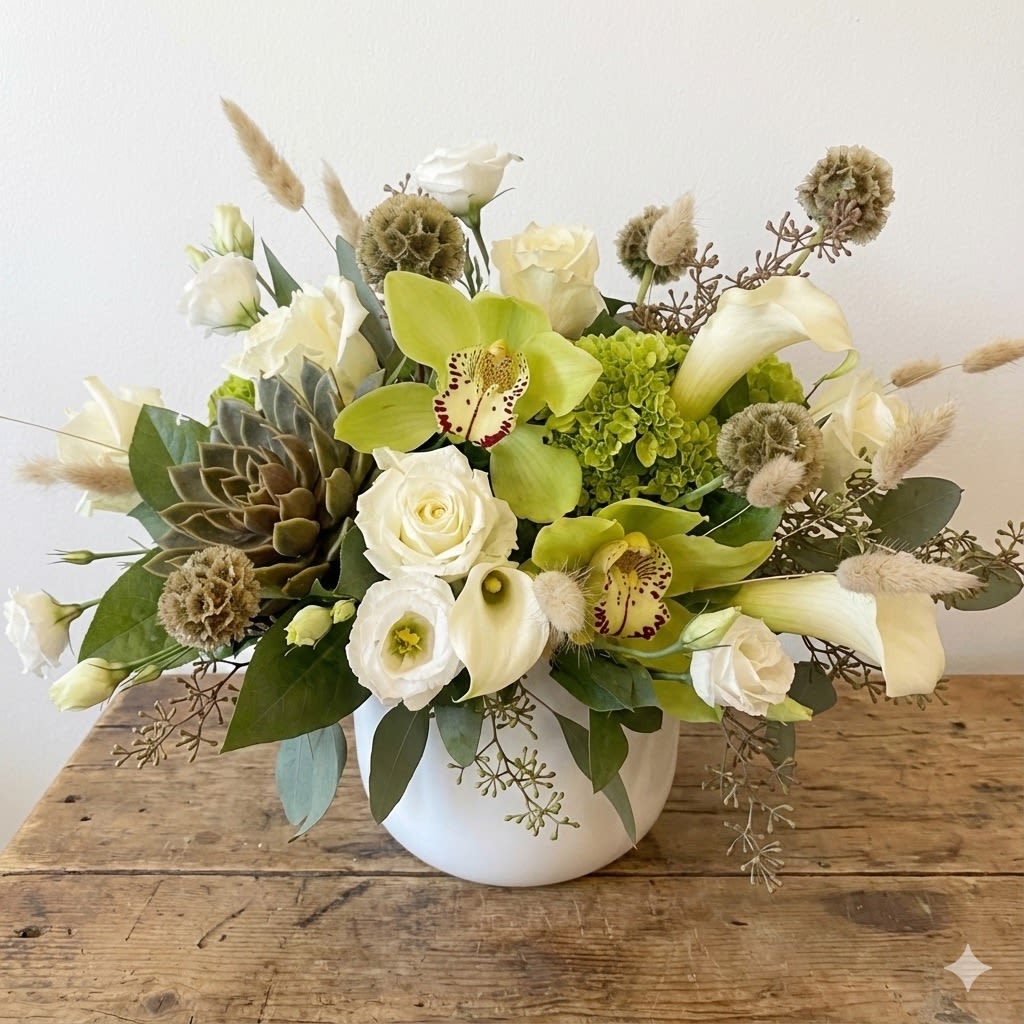 Modern Earth - Natural elegance meets sculptural design in Modern Earth — a captivating arrangement that blends fresh florals with organic textures and tones. Featuring chartreuse cymbidium orchids, creamy roses, white calla lilies, and green hydrangea, this bouquet is balanced with dried pods, bunny tail grass, and a bold focal succulent for a modern, earthy twist.  Set in a sleek white ceramic vessel, this arrangement is perfect for contemporary spaces, stylish gifting, or as a refined centerpiece for any occasion.  Details: 	•	Includes cymbidium orchids, roses, calla lilies, hydrangea, dried elements &amp; succulent 	•	Designed in a matte white ceramic vase 	•	Approx. size: 11” W x 10” H 	•	Complimentary handwritten card available  Care Instructions: Keep in a cool spot away from direct sunlight. Change water daily and remove fading blooms to enjoy longer-lasting beauty.