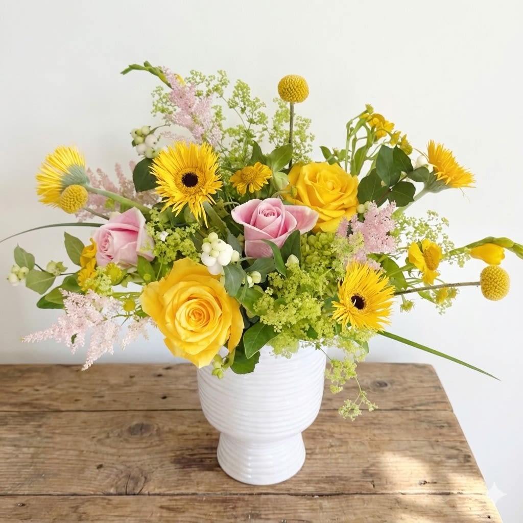 Golden Breeze - Let sunshine and elegance sweep into your space with our Golden Breeze arrangement. This radiant design pairs the bold warmth of golden yellow roses and feature yellow daisy with the soft romance of blush pink roses and whimsical pink astilble. Accented by playful billy balls, delicate snowbarries, and lush seasonal greenery, this airy bouquet is presented in a modern white pedestal vase that complements any decor.   Perfect for birthday, thank you gifts, housewarmings, or just to brighten someone's day with a touch of golden charm.   Details:  *Approximate size: 12-13" H*10"-11"W *Features premium fresh blooms *Arranged in a reusable ceramic vase 