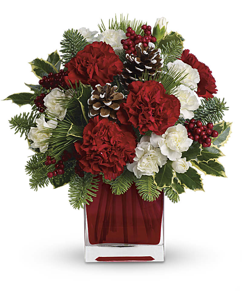 Make Merry - Make them merry with this sweet bouquet! Red carnations and white carnations are beautifully presented in our bright red glass cube.