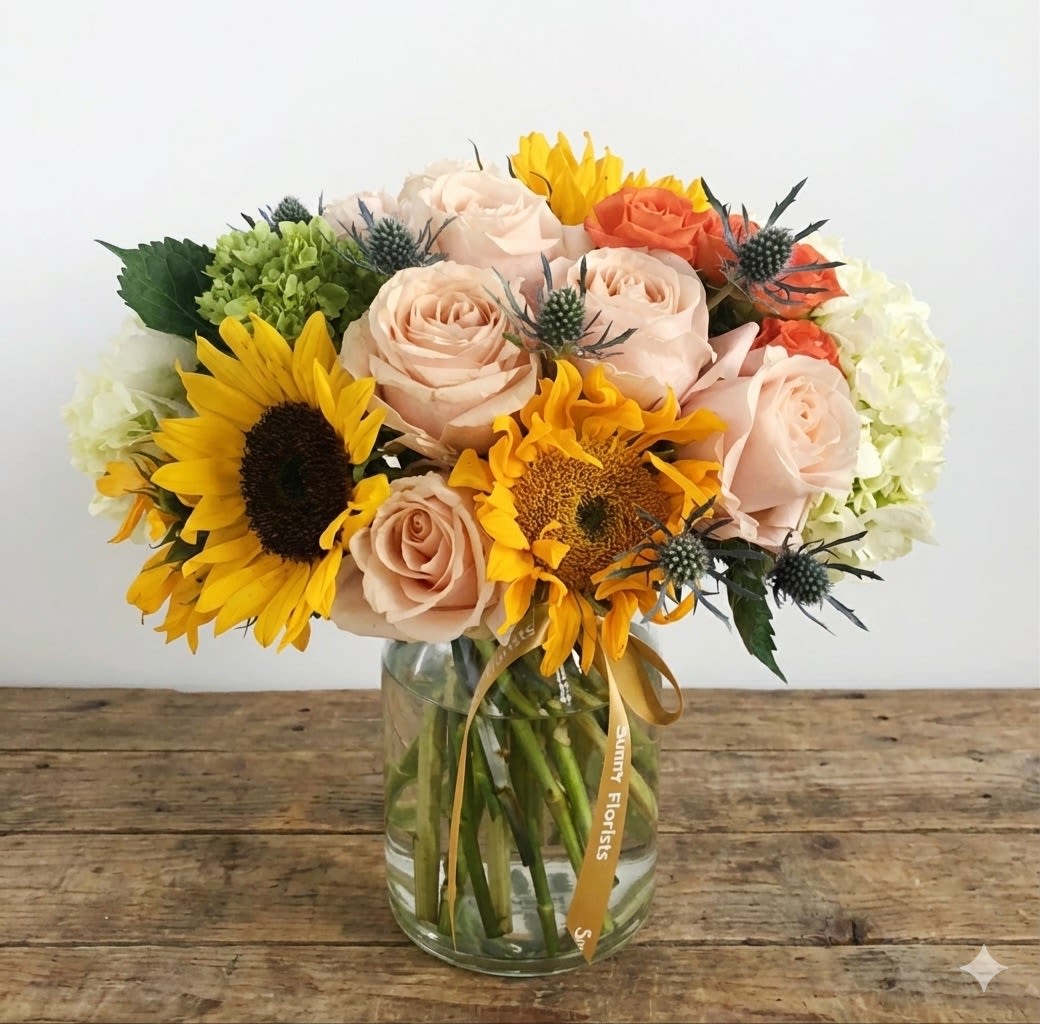 Sunshine Garden - The arrangement comes with sunflowers, hydrangea, peach color roses, orange spry roses and thistle. It's in a soft, rustic color tone. A gift to bright up someone's day. 