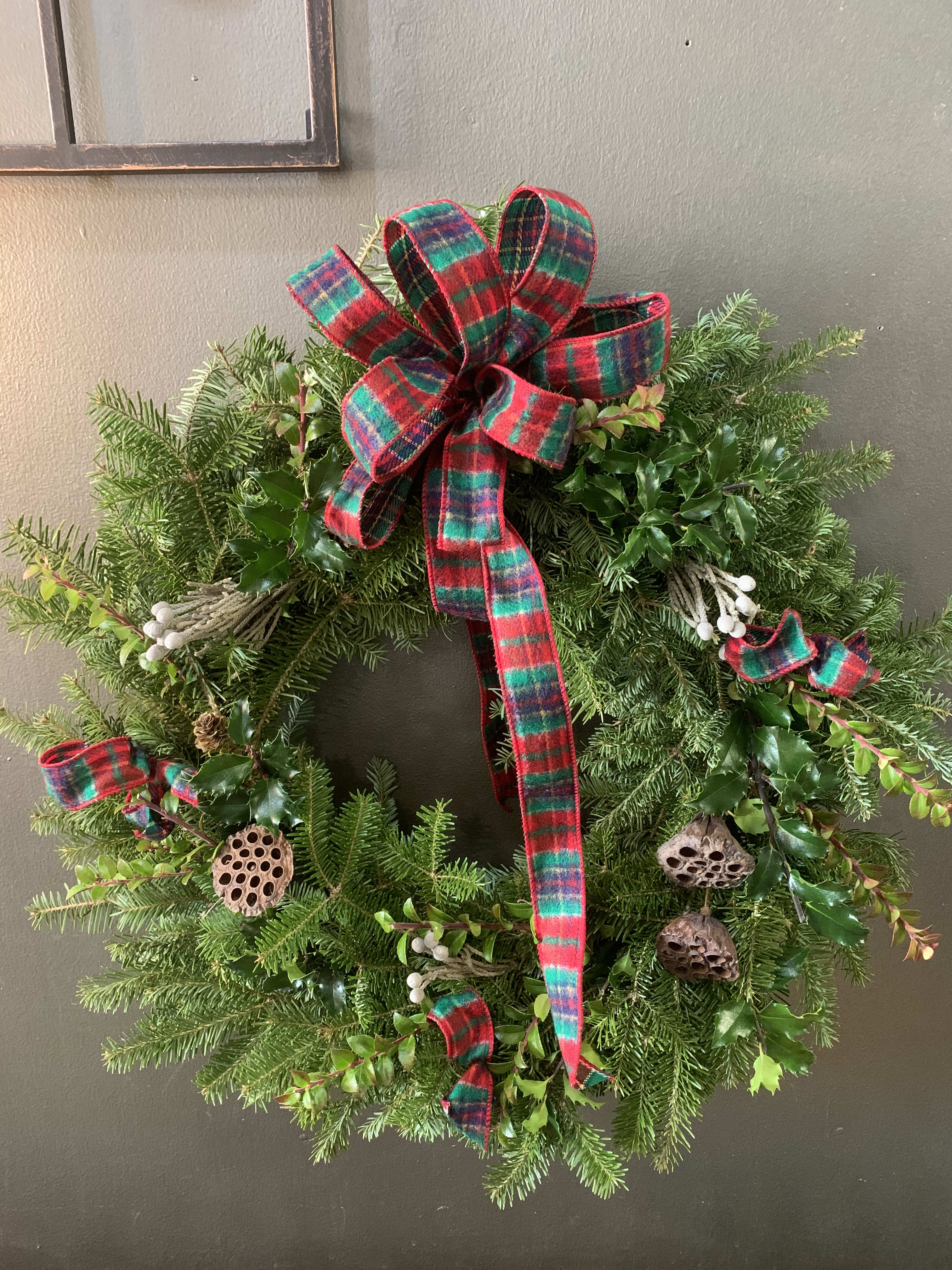 Greens wreath  - Beautiful wreath decorated and ready to hang on your door. Exact decorations and colors may vary. If you have a specific color request let us know and we will do our best to accommodate. 