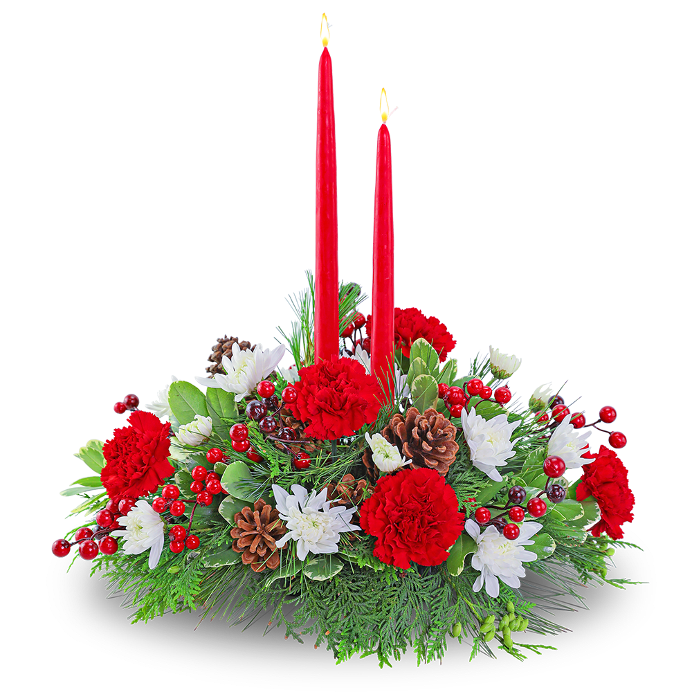 Holly Jolly Centerpiece - The Holly Jolly Centerpiece features Carnations, Mums, berries, pinecones, candles, assorted Evergreen, and other premium foliage. A bundle of complementary holiday colors and textures, it's decked out with festive trimmings in beautiful reds, whites, and greens. This festive centerpiece is designed to set the tone for any holiday gathering.