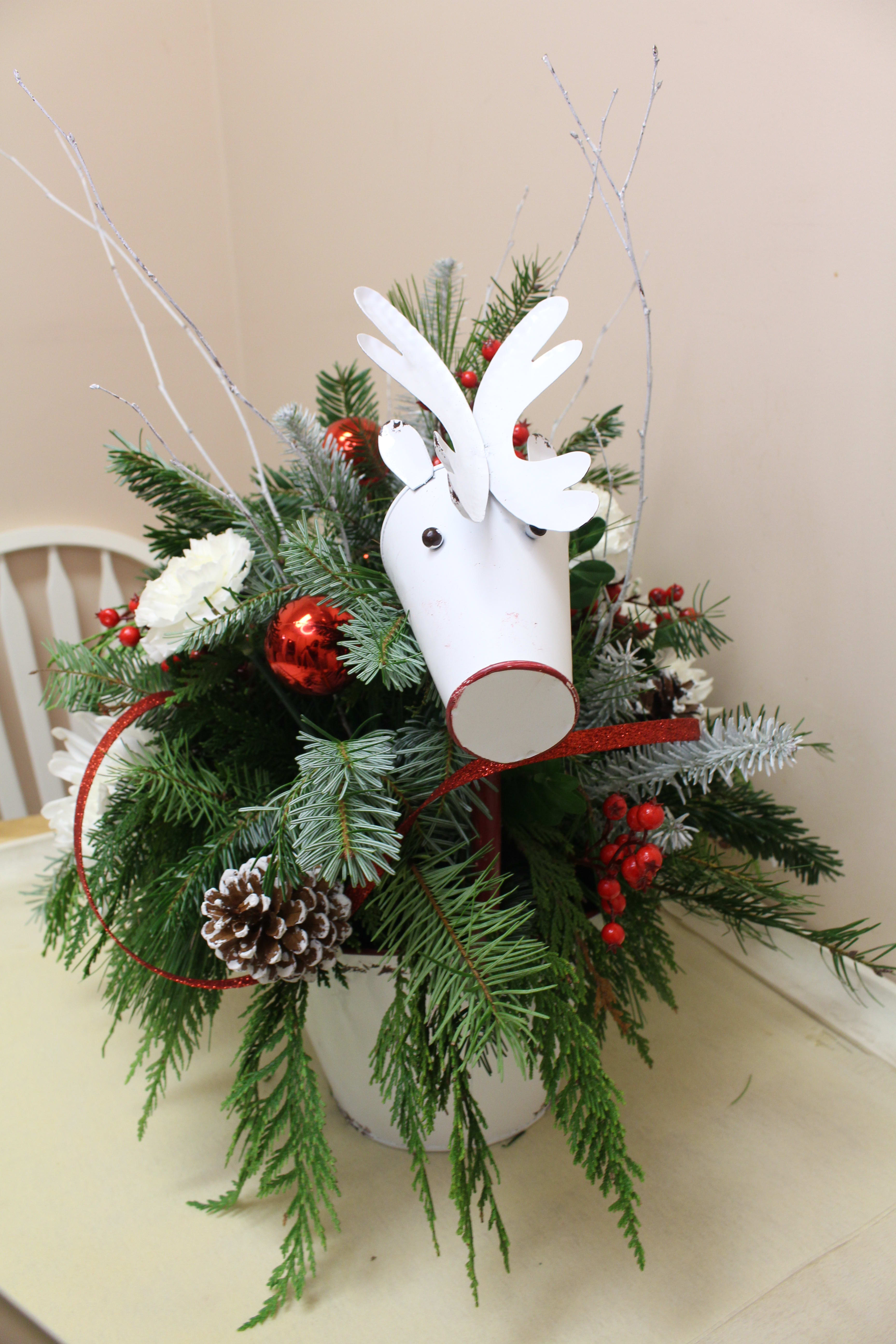 Rudolph  - here comes Rudolph is this enamel container featuring a beautiful holiday arrangement of winter greens flowers and decorations  