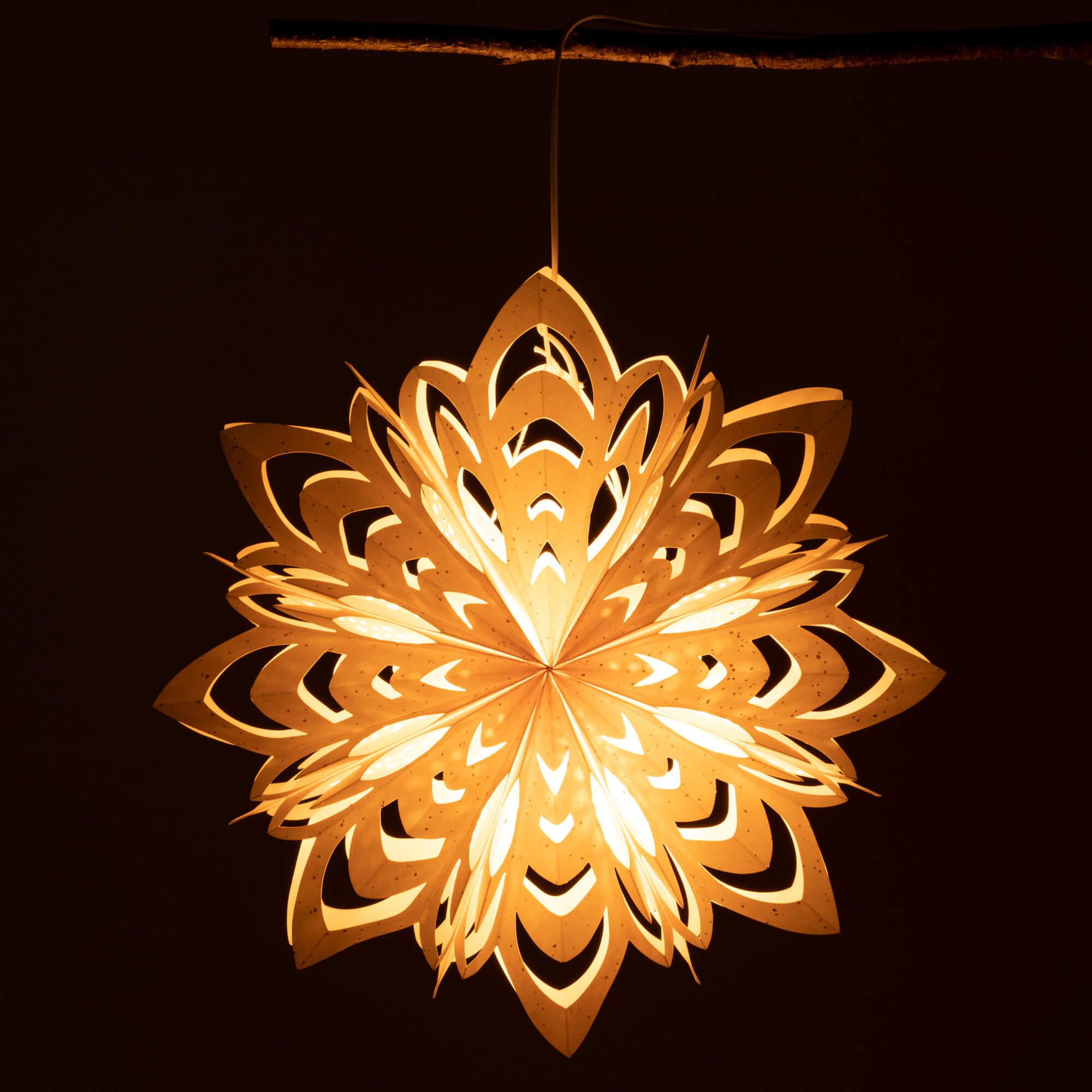 LARGE HANGING PAPER SNOWFLAKE &amp; WHITE UL ELECTRICAL CORD - Reminiscent of a homemade snowflake, this large intricate paper star adds vintage charm to your Christmas decor. A perfect accent to Holiday decorating, but neutral enough to leave up all winter long, this star can be displayed lit or unlit.  19"L x7"W x19" This UL electrical cord is intended to be used to illuminate our paper stars. Light bulb not included.