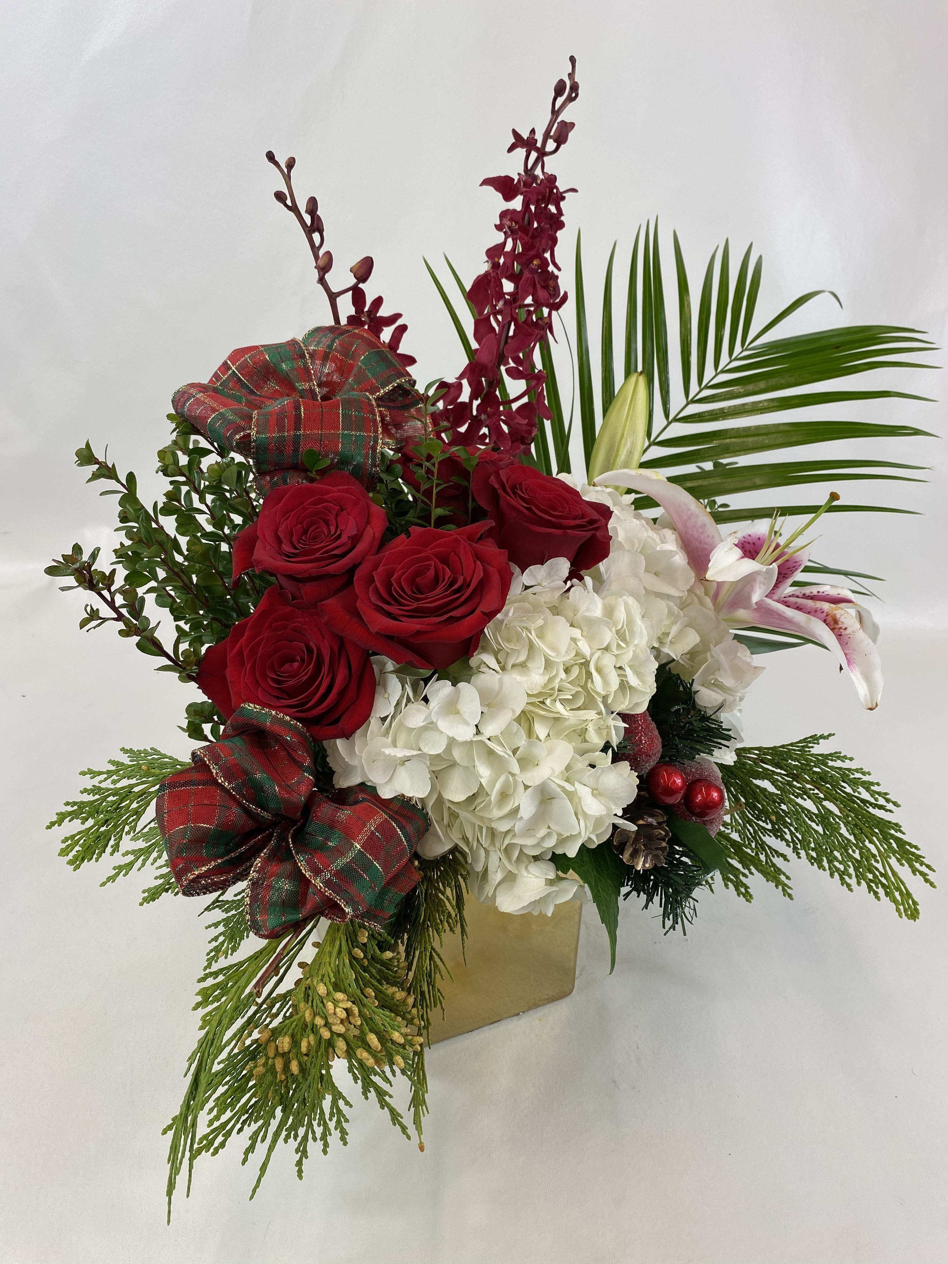 Christmas Joy - Holiday modern flower arrangement in a square golden vase. A great Christmas gift.