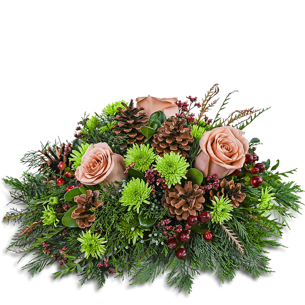 Botanical Holiday - Our Botanical Holiday centerpiece is a lush holiday arrangement featuring Roses, Spray Mums, Hypericum Berries, Pinecones, and premium winter foliage. This festive design brings natural charm and seasonal elegance to any table. Flowers and materials may vary slightly based on availability, but the classic holiday look will be thoughtfully recreated.