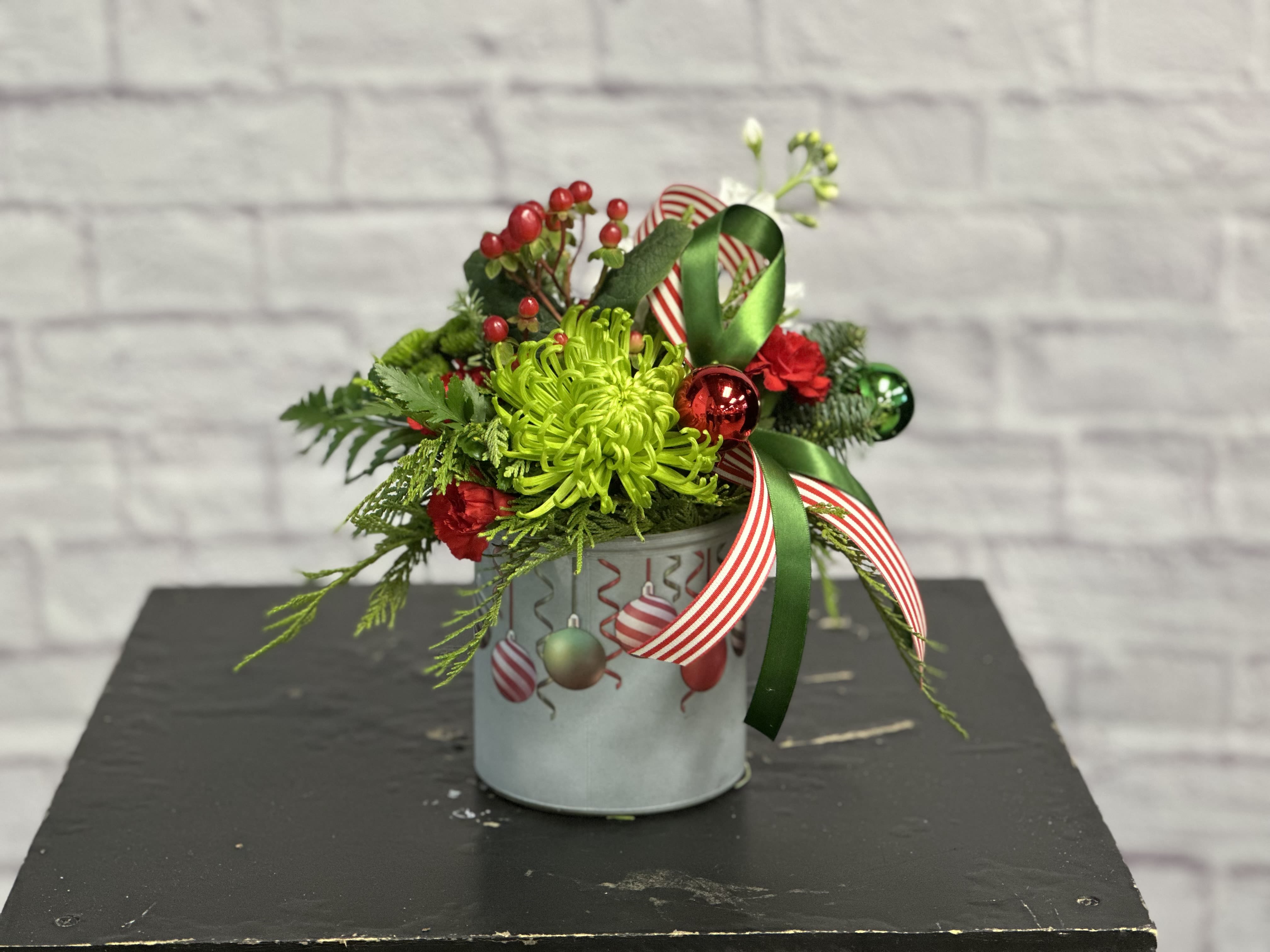 Deck the Halls - Adorable hanging ornament vase full of festive blooms.  The perfect way to say Happy Holidays!
