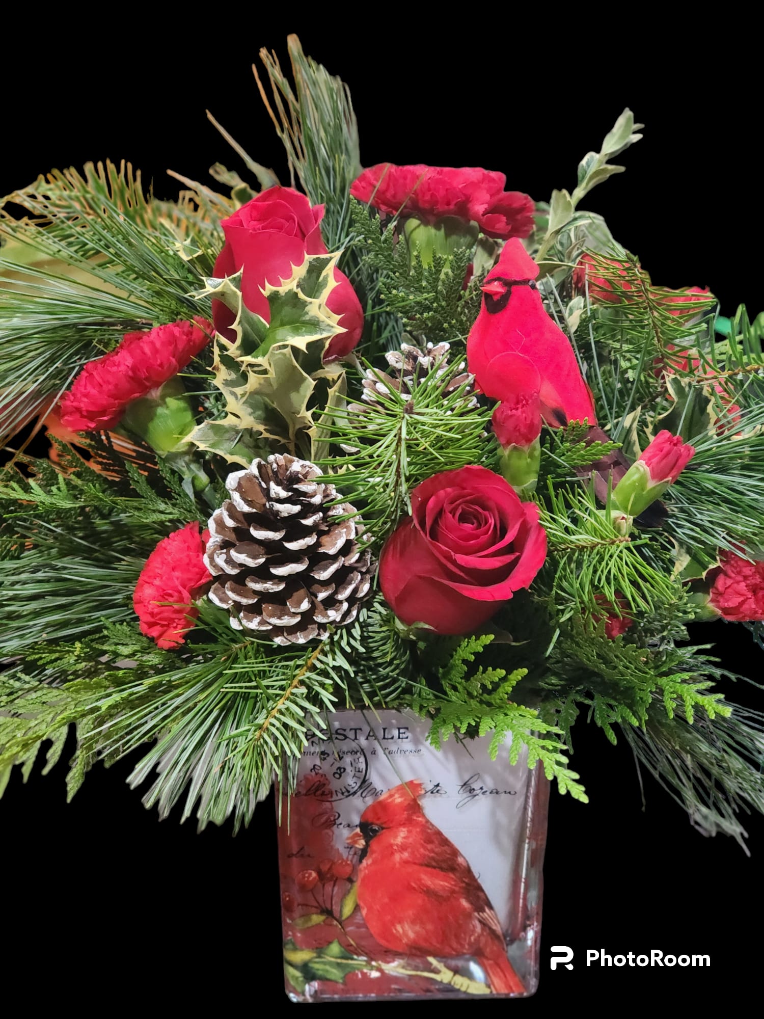 Cardinals are near - Keepsake glass cube with beautiful Cardinals painted on it. Cardinals have a special place in the hearts of many. Send cheer this holiday season with this timeless bouquet. 