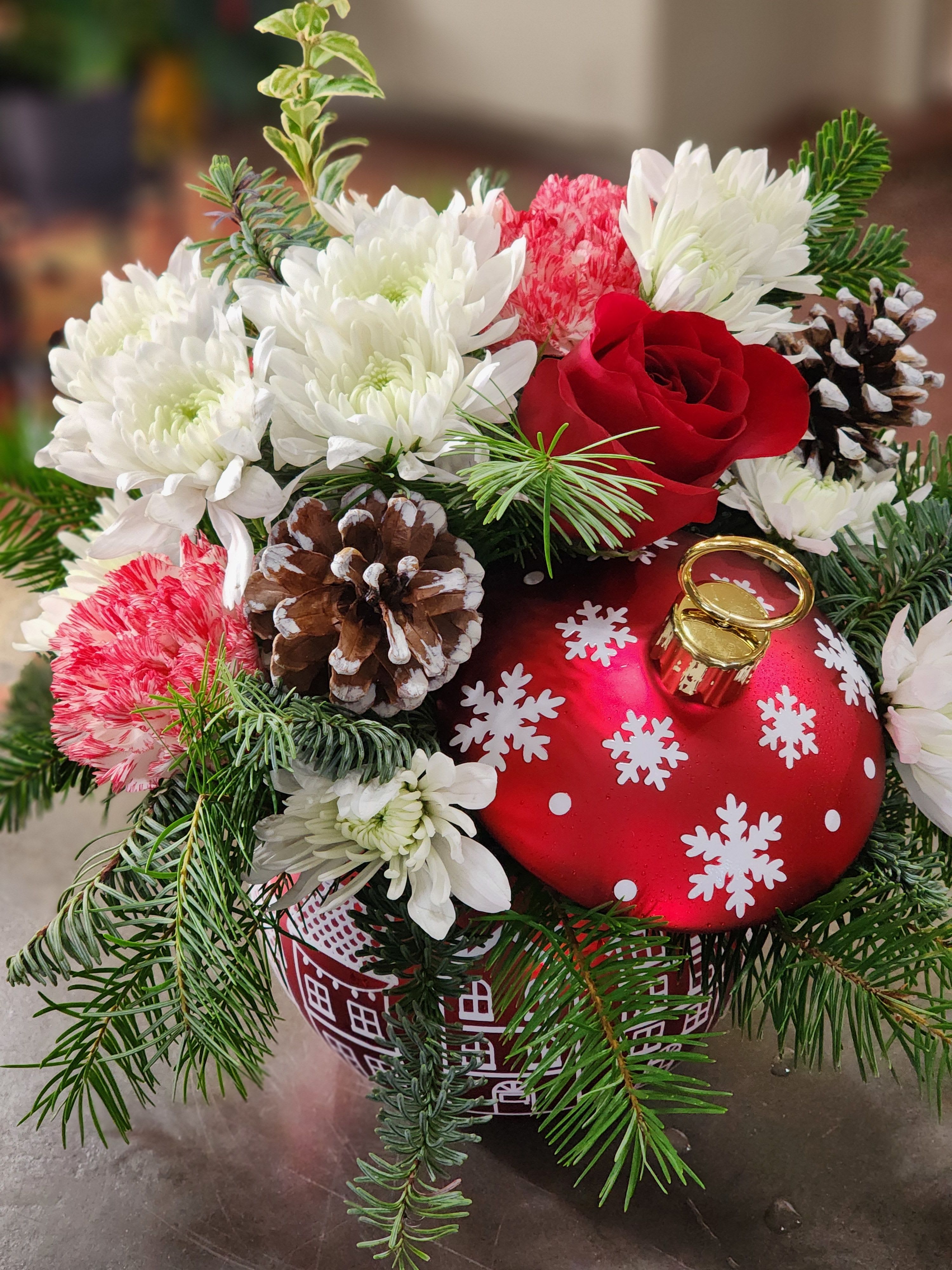 Christmas village ornament  - Keepsake Red ceramic &quot;Christmas village&quot; ornament filled with fresh seasonal evergreens and fresh flowers.