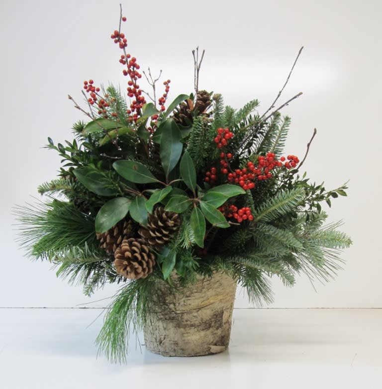 Holiday Greenery Arrangement - Assorted Premiun Christmas Greens with pine cones and Berries 
