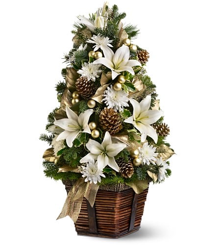 Luxurious Lily Tree - This luxurious Christmas "tree" - created with fresh white flowers and evergreen branches, plus a gleaming array of golden ornaments, gold-sprayed leaves and pine cones - will provide a festive touch to any home or workplace.   White Asiatic lilies and other fresh flowers, plus holly and evergreens, are arranged in the form of a Christmas tree and adorned with golden ornament balls, ribbon, gold-sprayed leaves and pinecones. Delivered in a rustic basket. Approximately 12" (W) x 25.5" (H)   