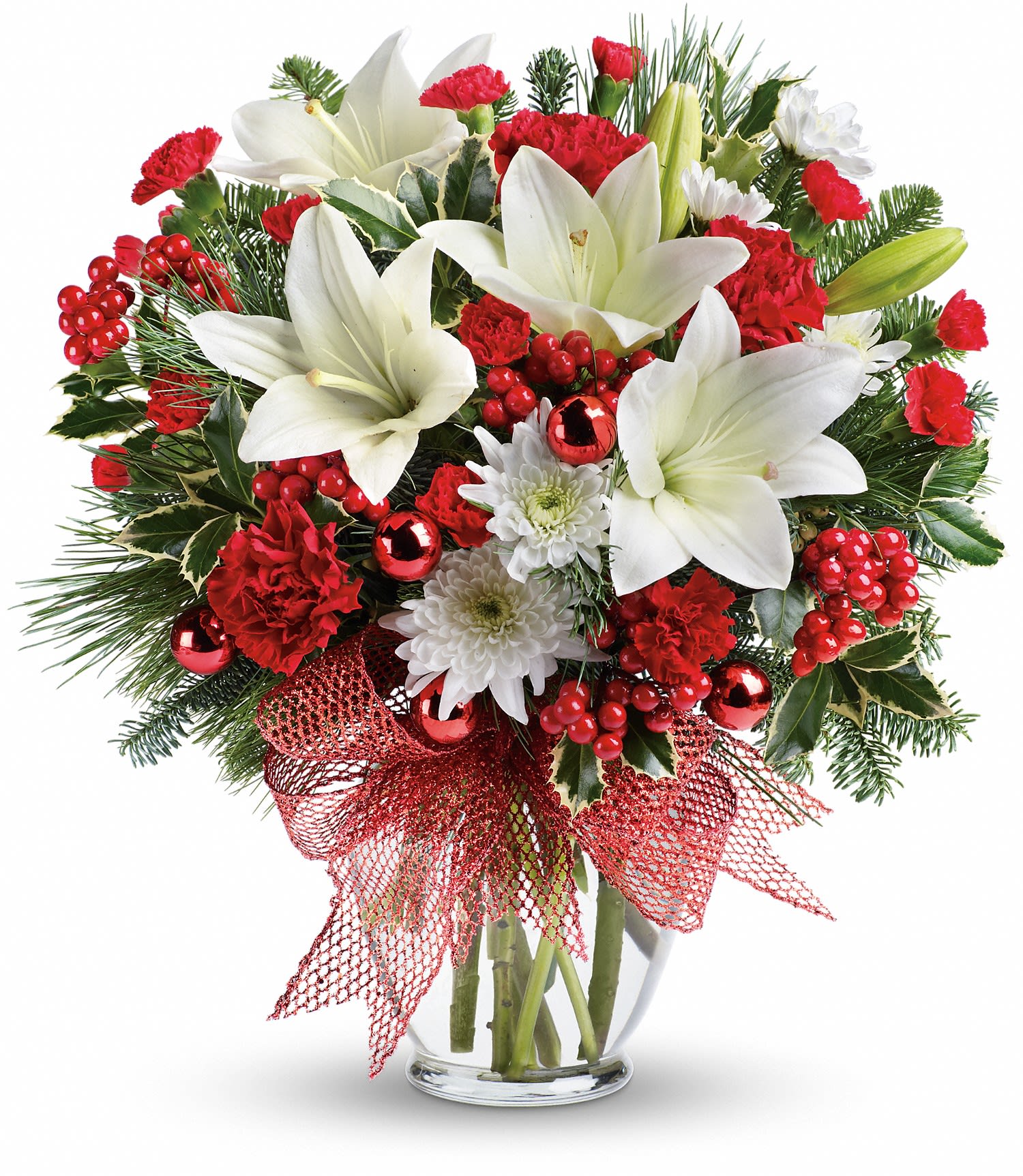 Merry All The Way - Wish them a Happy Holiday with this seasonal display of white asiatic lilies, red carnations and holiday greens, accented with red ornaments and a glittery red ribbon. Presented in a glass vase, it is sure to please!     White asiatic lilies, red carnations, red miniature carnations and white cushion spray chrysanthemums are accented with noble fir, white pine and red berries. Finished with a festive red ribbon and delivered in a glass vase. Approximately 16 1/2" W x 18 1/2" H 