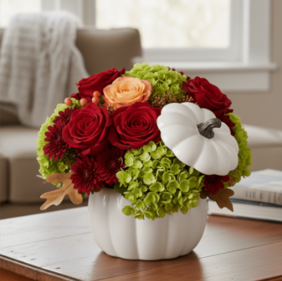 Autumn's Harvest Delight - Celebrate the charm of the harvest season with the Autumn's Harvest Delight. This sophisticated arrangement is designed in an adorable white ceramic pumpkin container, perfectly blending classic fall style with a fresh, contemporary color palette. The arrangement features a compact, lush gathering of seasonal blooms: Vessel: A reusable, white ceramic pumpkin container, complete with a decorative lid resting gently on the side. Color Palette: A striking mix of deep, rich reds and vibrant, crisp lime green, accented with a touch of warm orange. Blooms: Features rich red roses and burgundy cushion mums nestled among plentiful lime-green hydrangeas, creating a dense, textural look. A single apricot or Free Spirit rose is often tucked in to add a bright, unexpected pop of golden-orange warmth. Finishing Touches: Accents of fall berries and preserved oak leaves complete the rustic yet elegant seasonal look.  This arrangement makes a delightful centerpiece for a Thanksgiving table or a warm, festive gift to welcome guests throughout the autumn months.