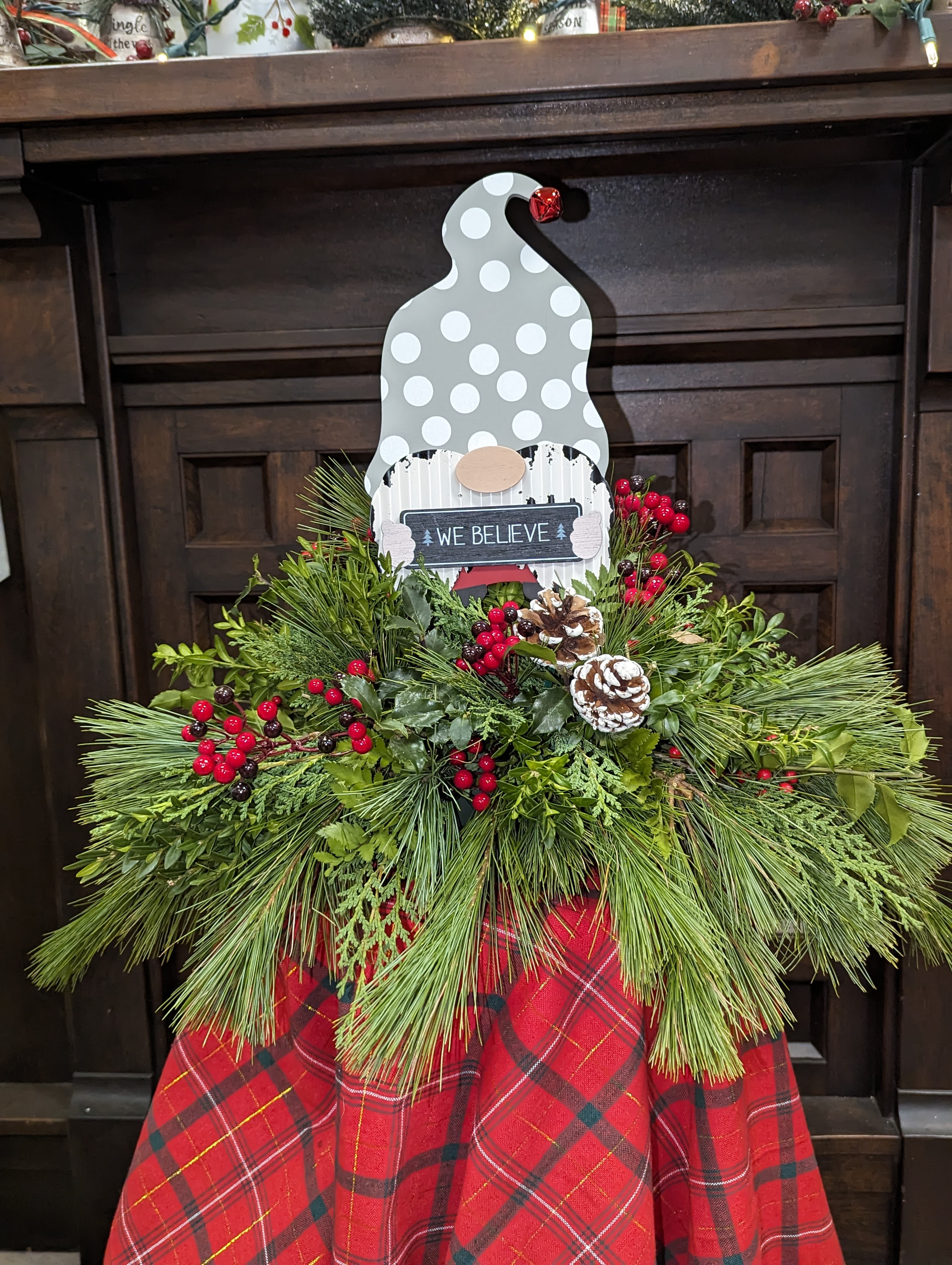 Gnome Christmas - An arrangement of Christmas pine with pine cones and berries. Simple Style that can be displayed in the home or on the front porch.