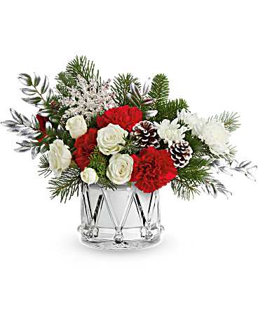 Silver Wishes - Silver Wishes Bouquet shimmers with holiday elegance. Red and white blooms, fresh evergreens, and silver-sprayed huckleberry create a stunning winter display in a Crystal Drum Vase.