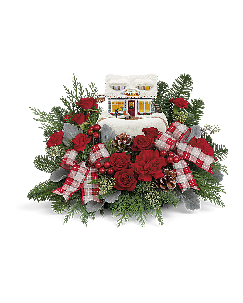Thomas Kinkade's Collectible Sweet Shoppe Bouquet - Send a Christmas bouquet they'll adore for many years to come! This Thomas Kinkade collectible makes for a beautiful gift and features sweet holiday flowers made up of roses and winter greens.
